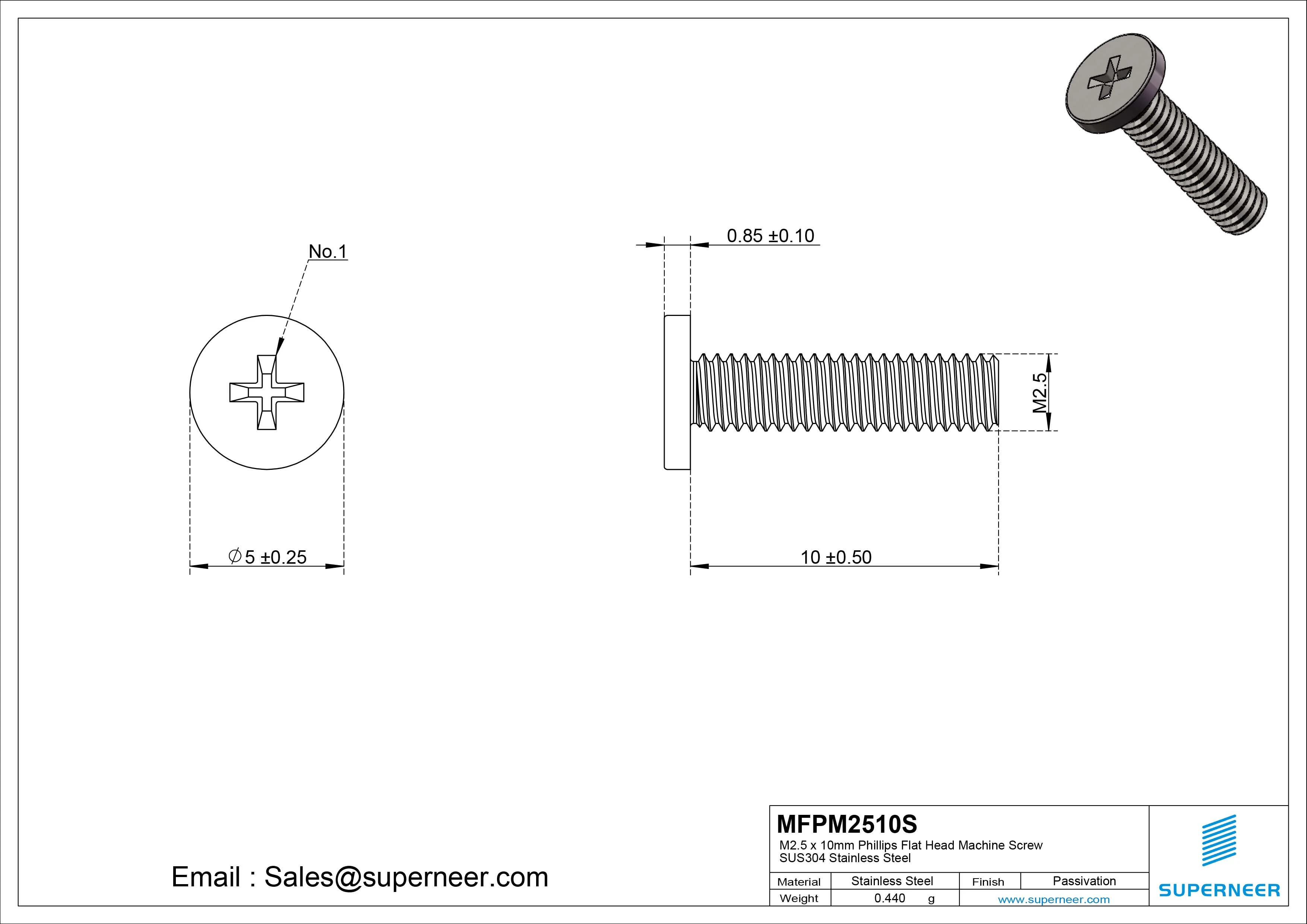 M2.5 x 10mm Phillips Flat Head Machine Screw SUS304 Stainless Steel 