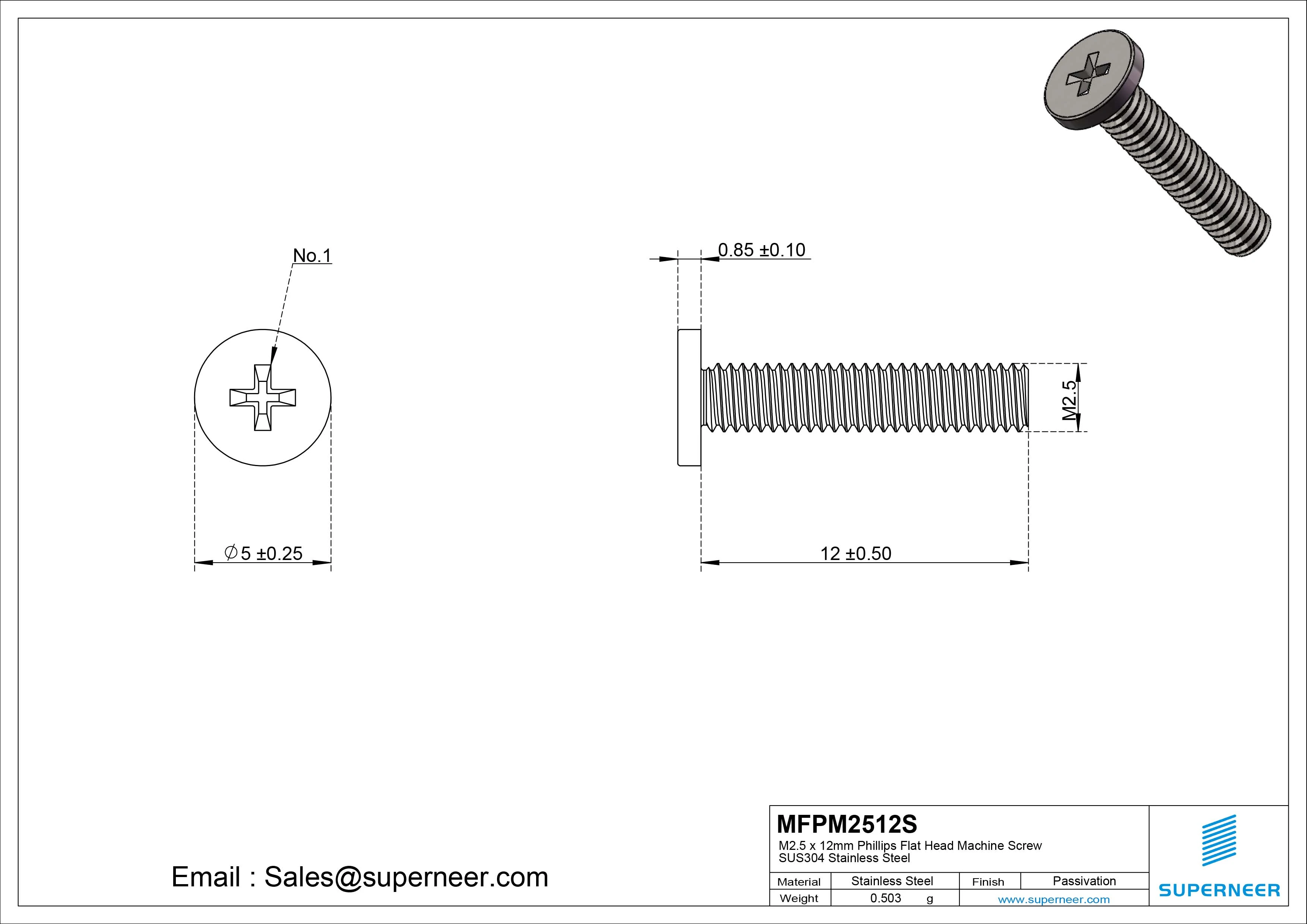 M2.5 x 12mm Phillips Flat Head Machine Screw SUS304 Stainless Steel 