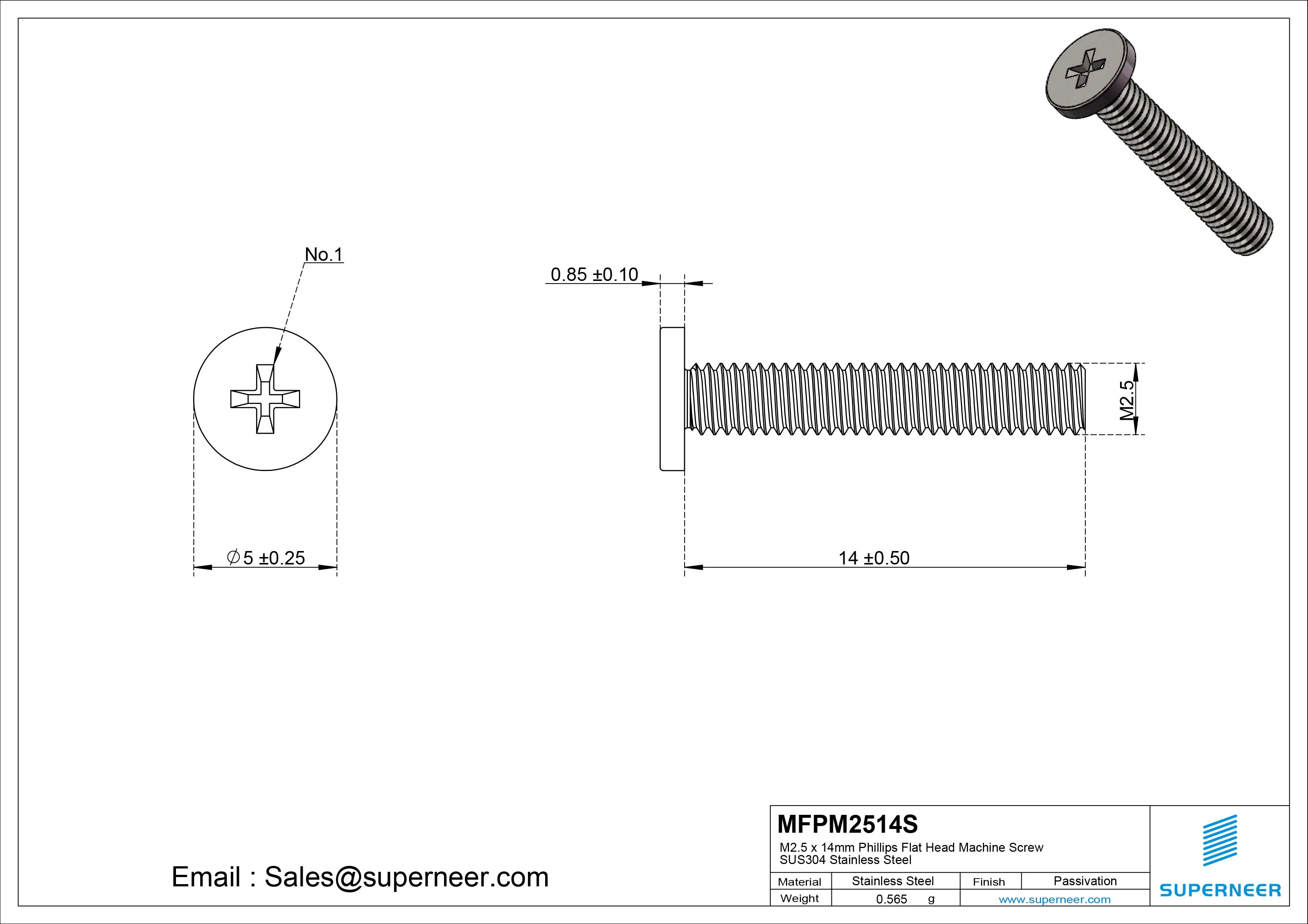 M2.5 x 14mm Phillips Flat Head Machine Screw SUS304 Stainless Steel 