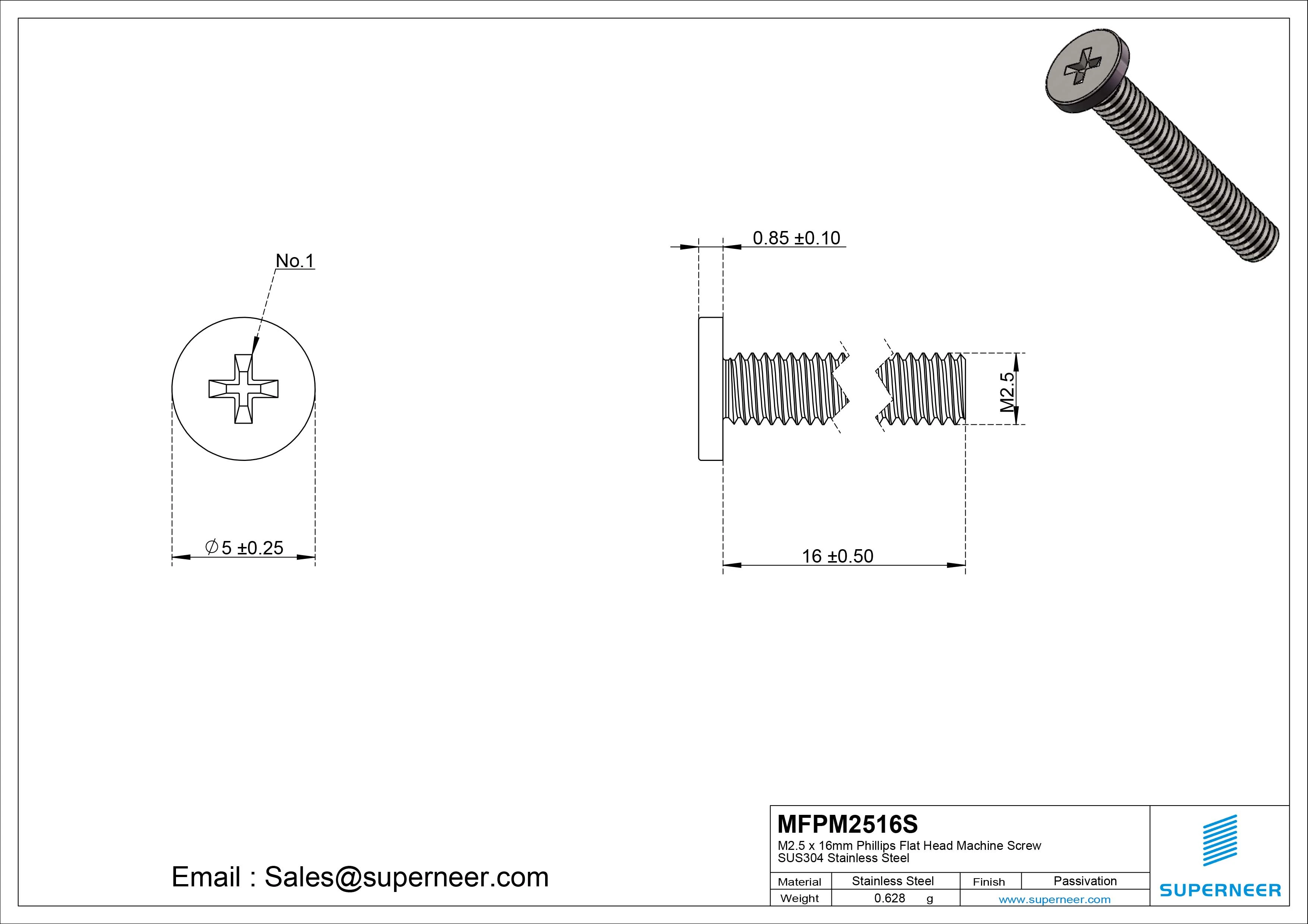 M2.5 x 16mm Phillips Flat Head Machine Screw SUS304 Stainless Steel 