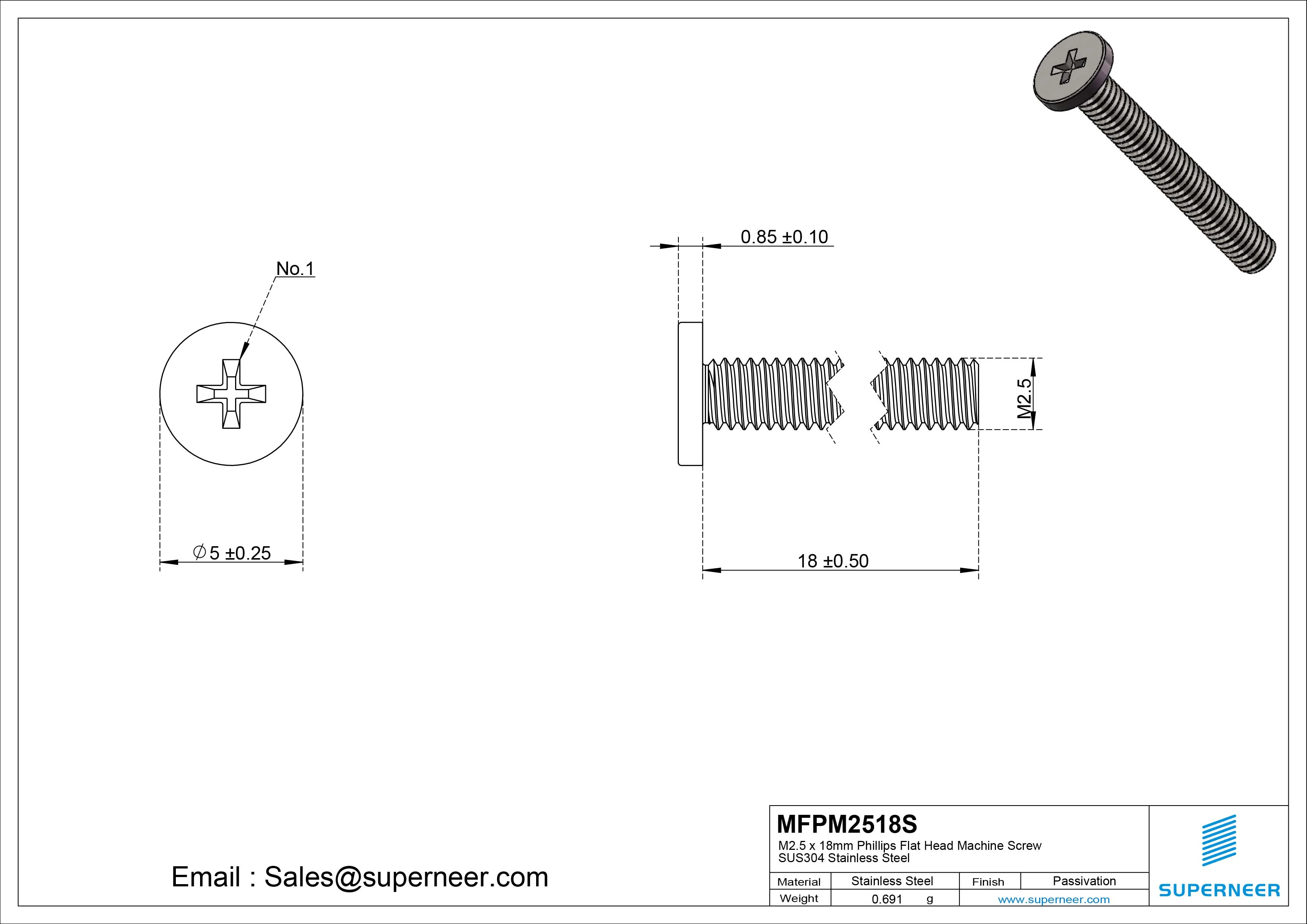 M2.5 x 18mm Phillips Flat Head Machine Screw SUS304 Stainless Steel 