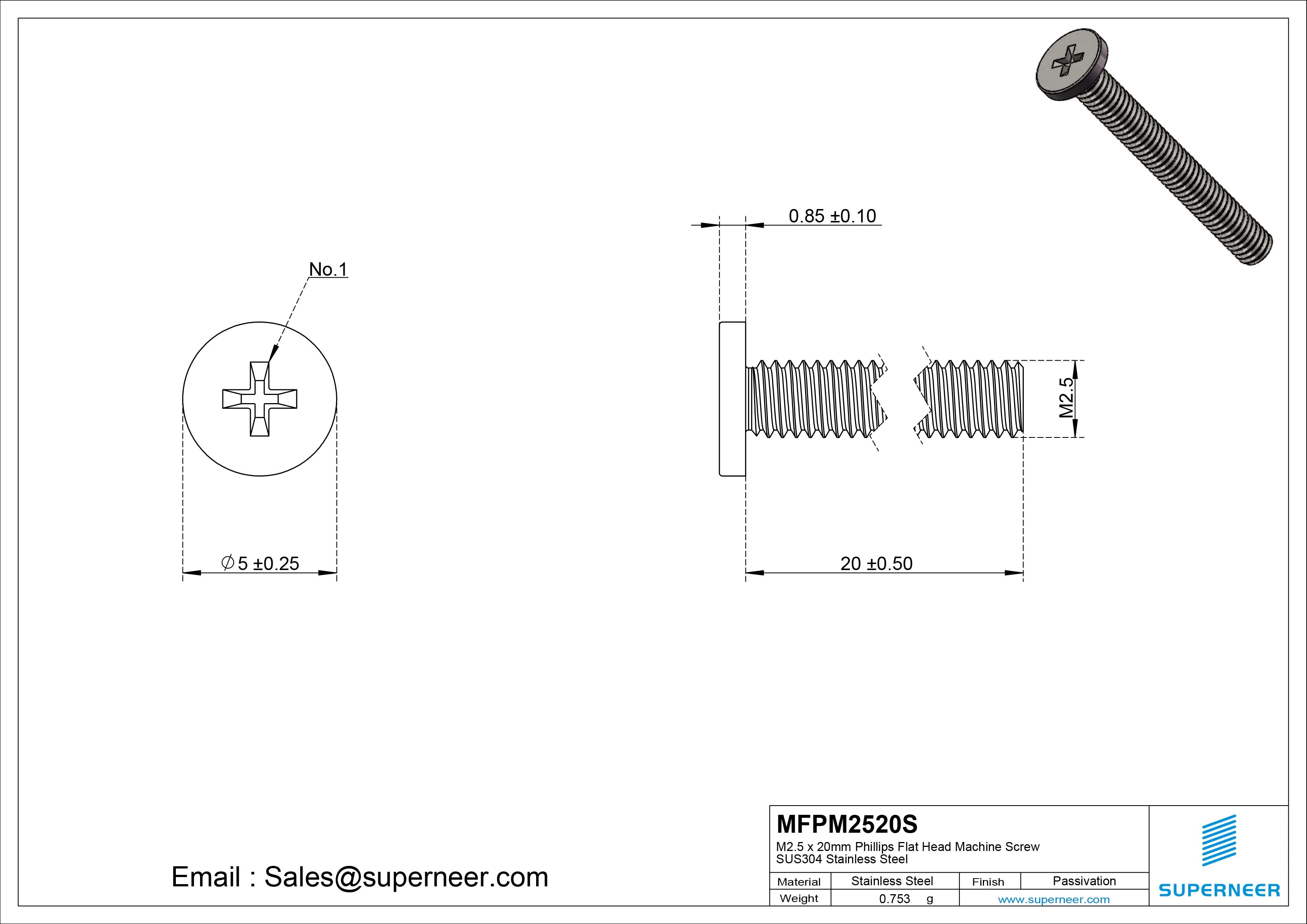 M2.5 x 20mm Phillips Flat Head Machine Screw SUS304 Stainless Steel 