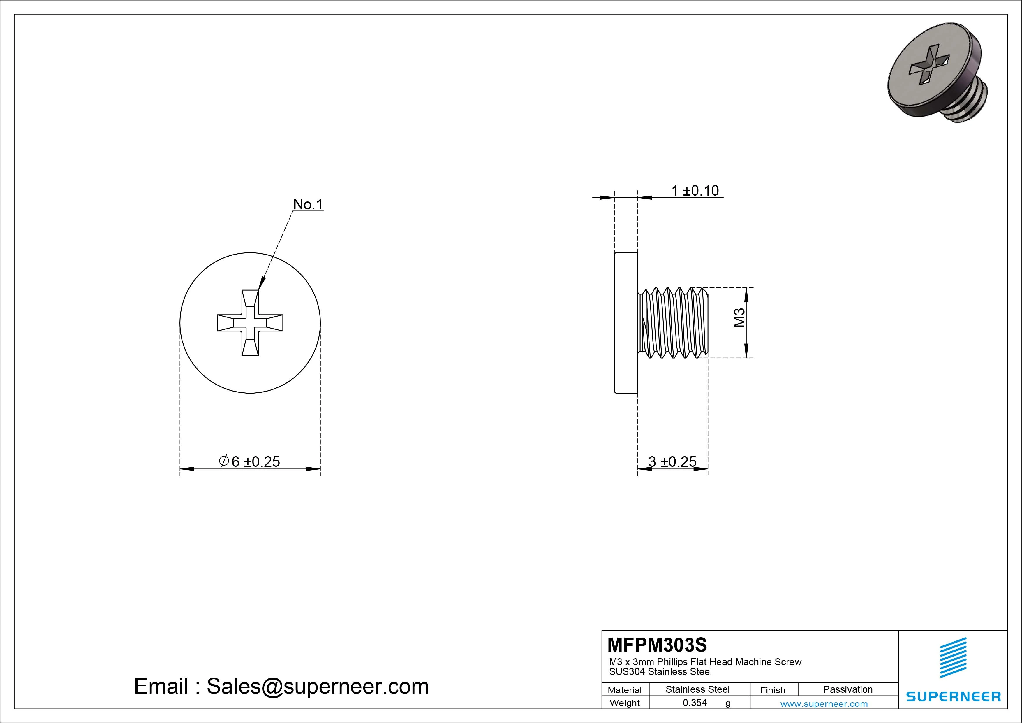 M3 x 3mm Phillips Flat Head Machine Screw SUS304 Stainless Steel 