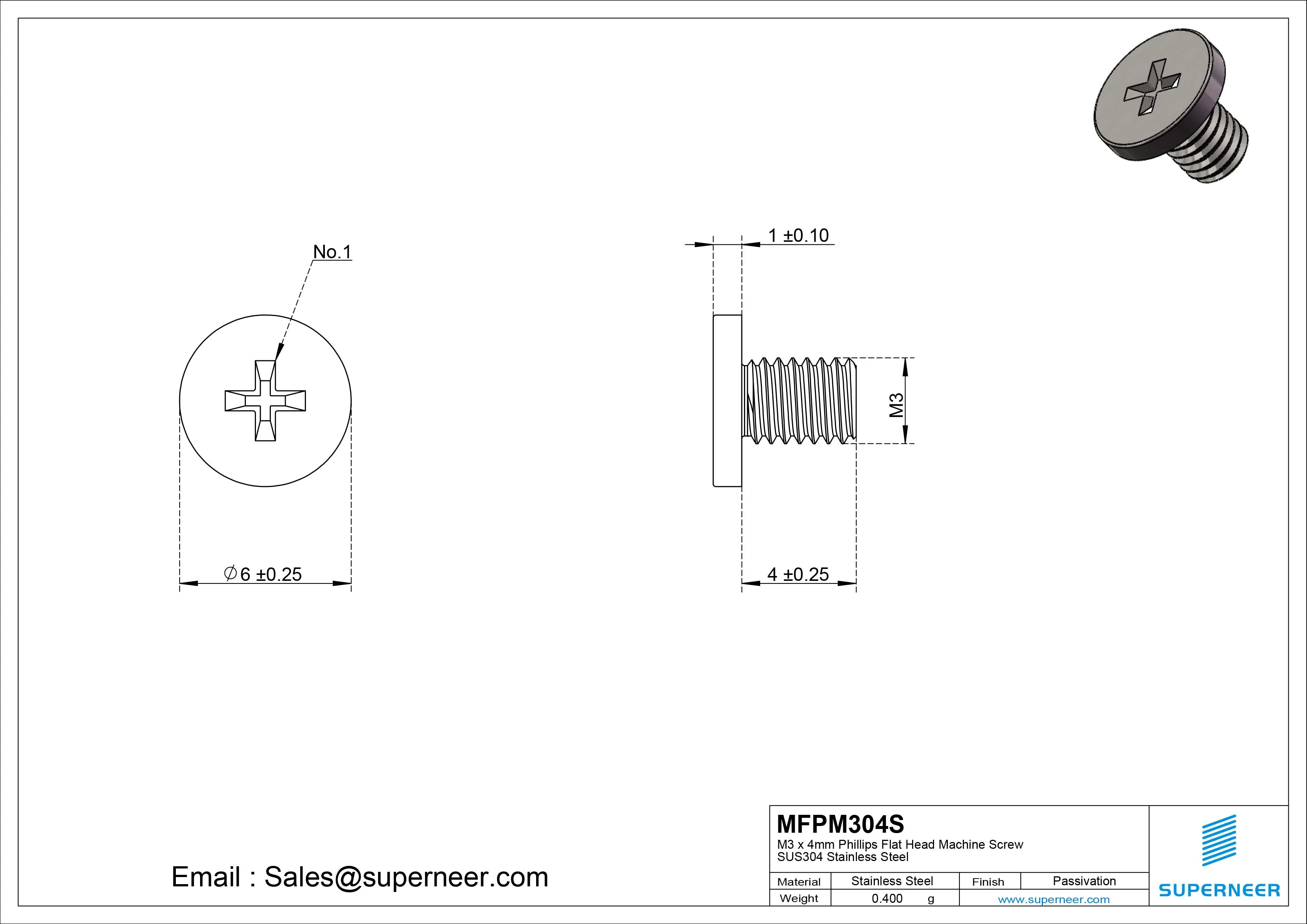 M3 x 4mm Phillips Flat Head Machine Screw SUS304 Stainless Steel 