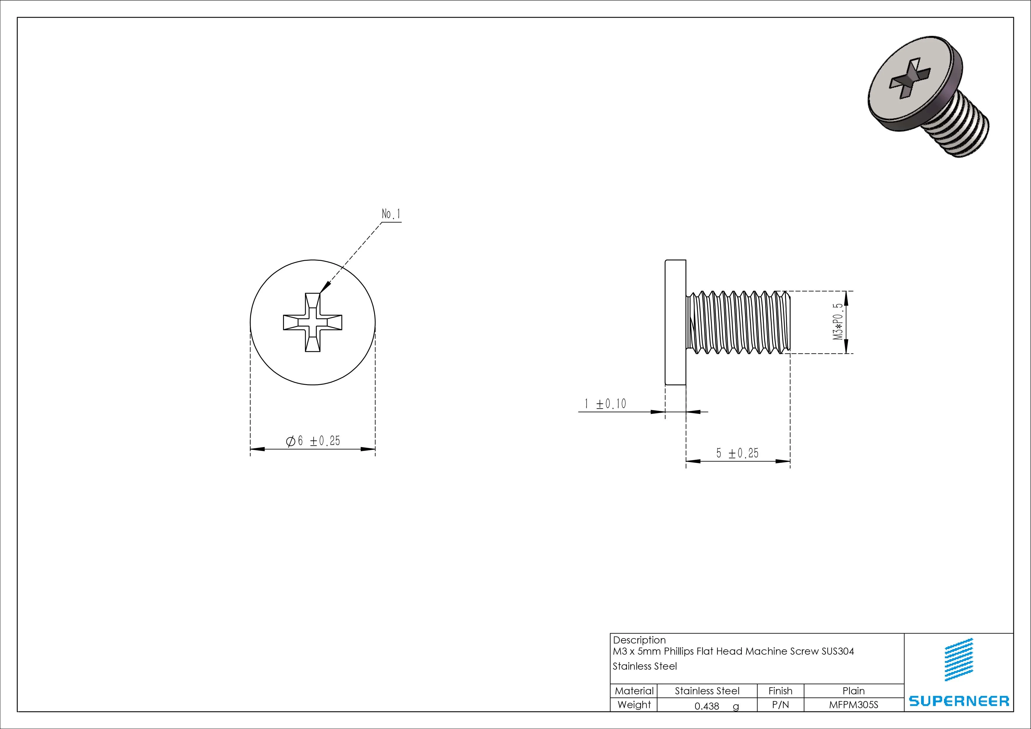 M3 x 5mm Phillips Flat Head Machine Screw SUS304 Stainless Steel 