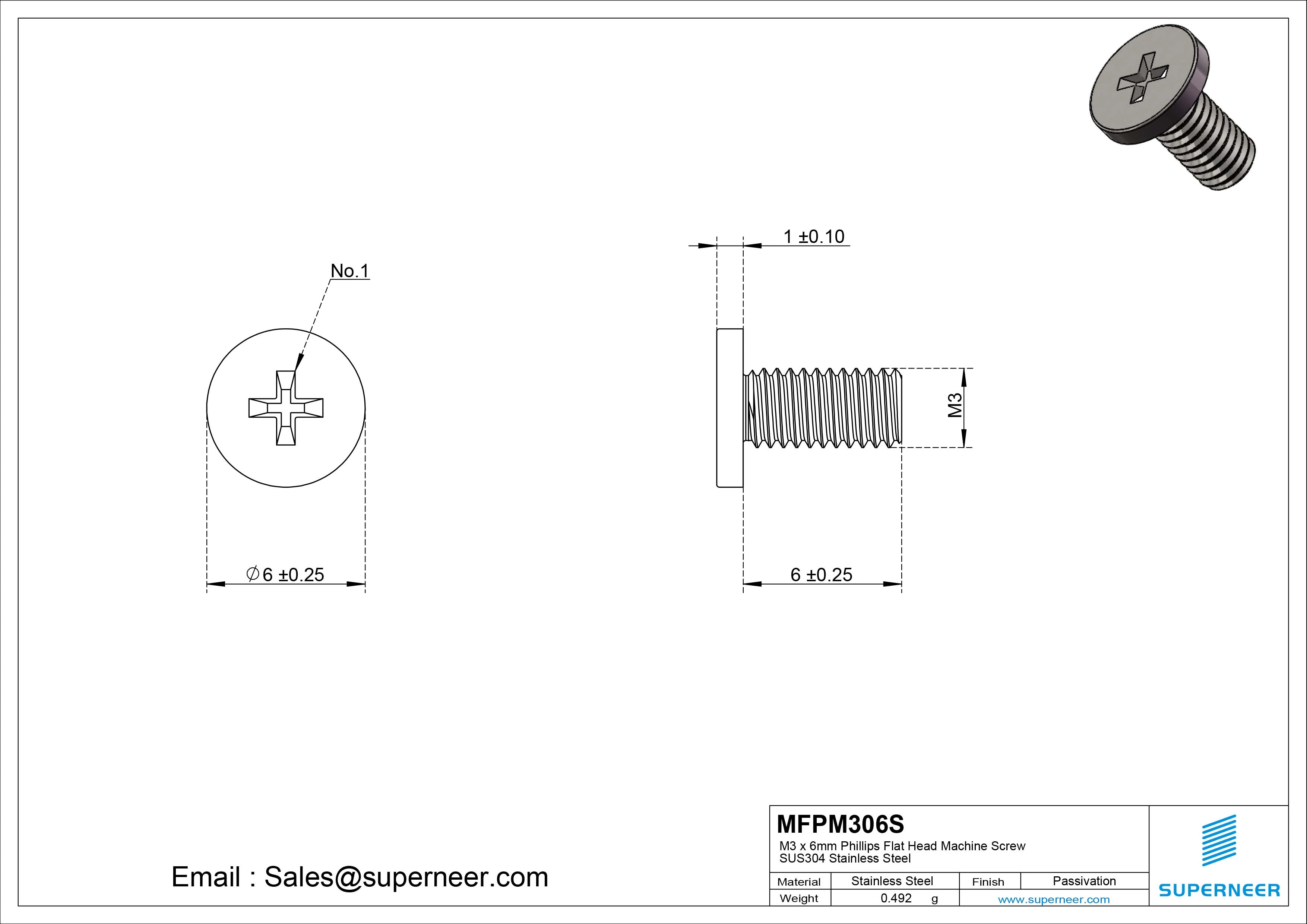 M3 x 6mm Phillips Flat Head Machine Screw SUS304 Stainless Steel 