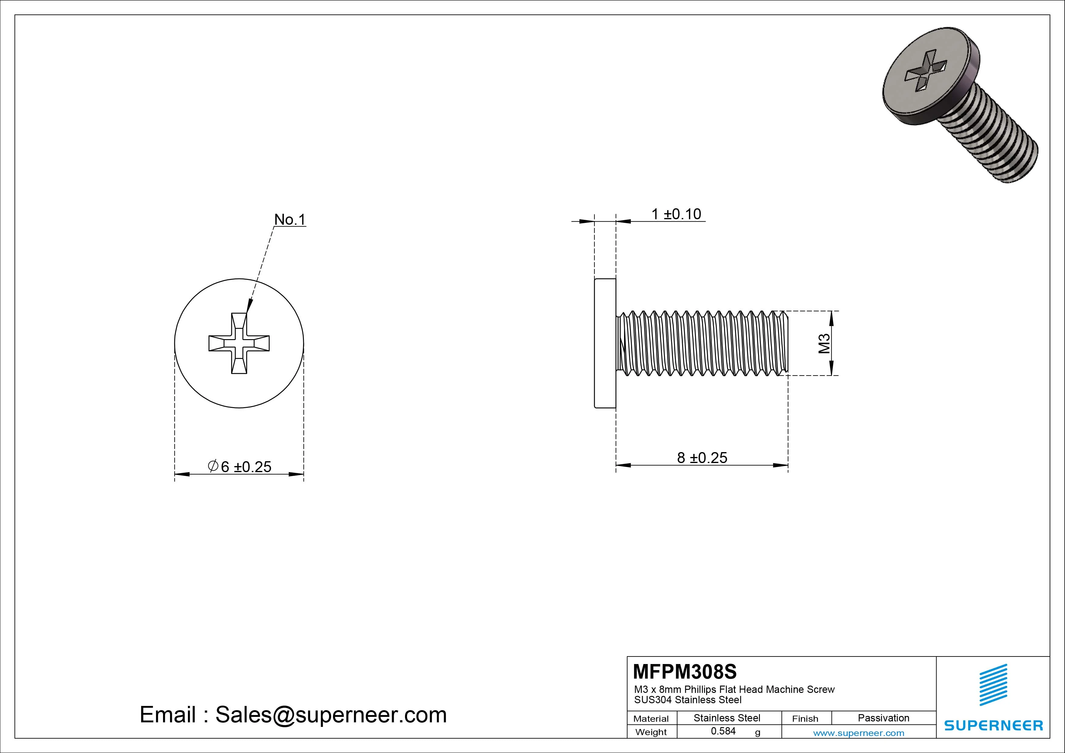 M3 x 8mm Phillips Flat Head Machine Screw SUS304 Stainless Steel 