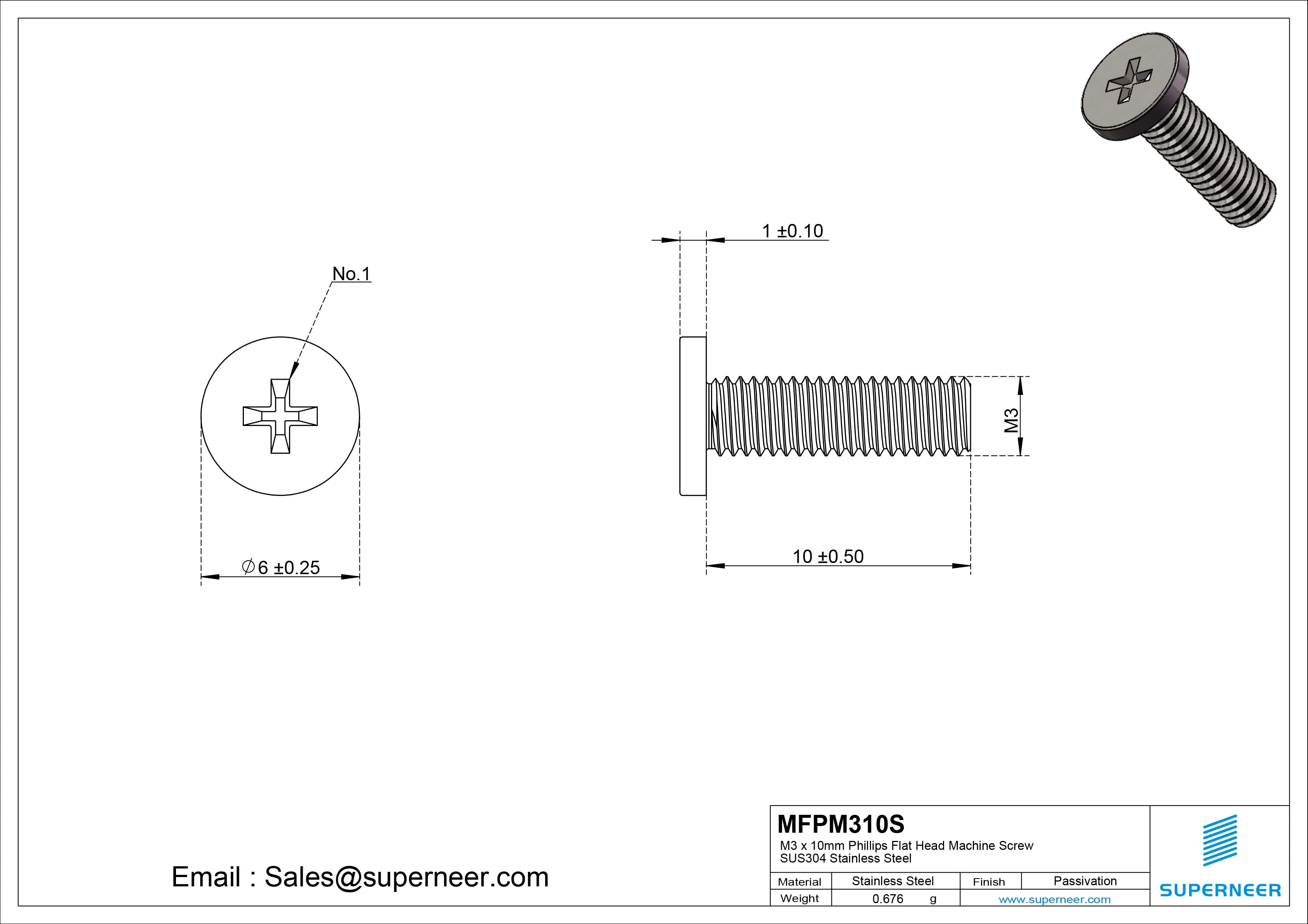 M3 x 10mm Phillips Flat Head Machine Screw SUS304 Stainless Steel 