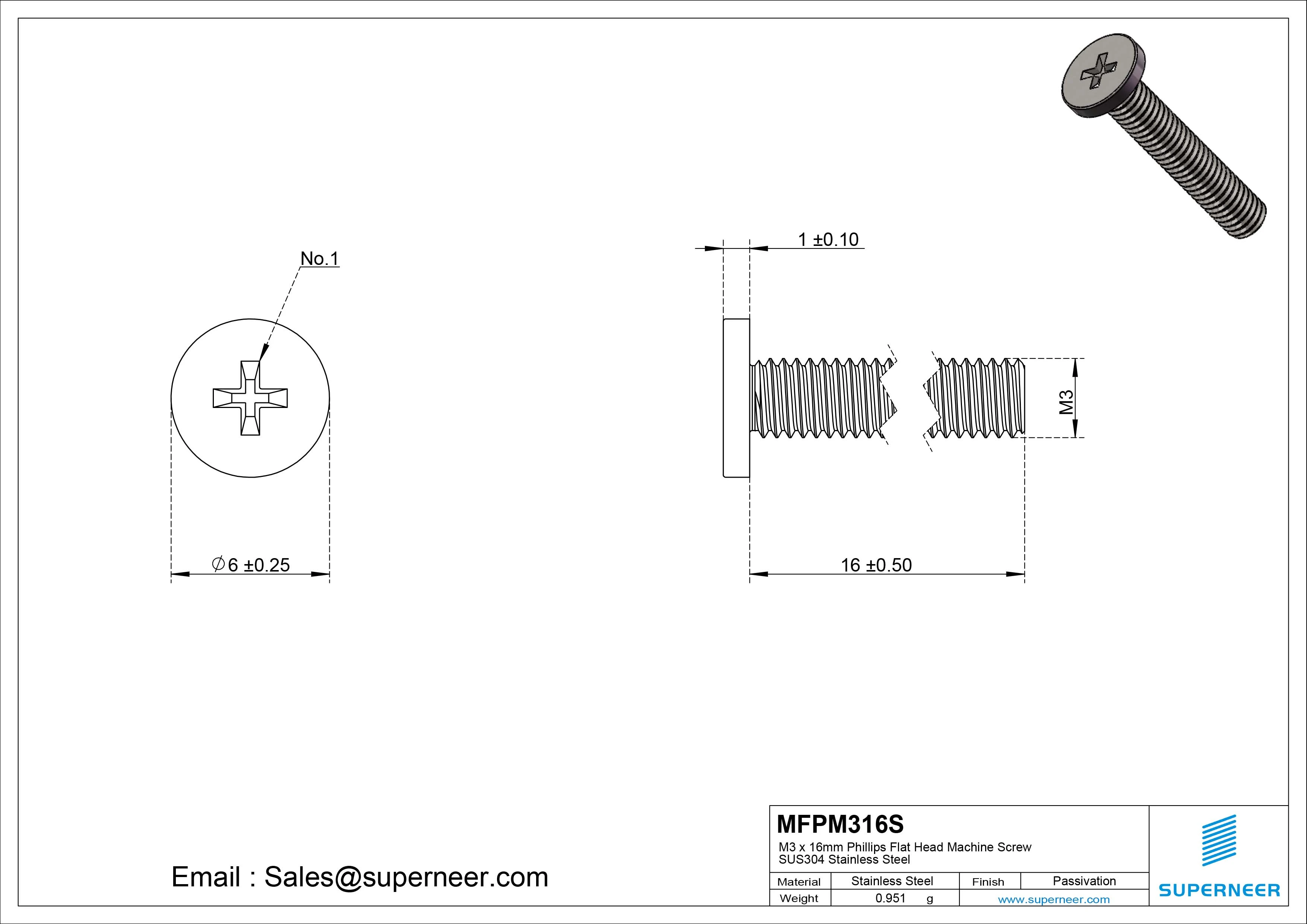 M3 x 16mm Phillips Flat Head Machine Screw SUS304 Stainless Steel 