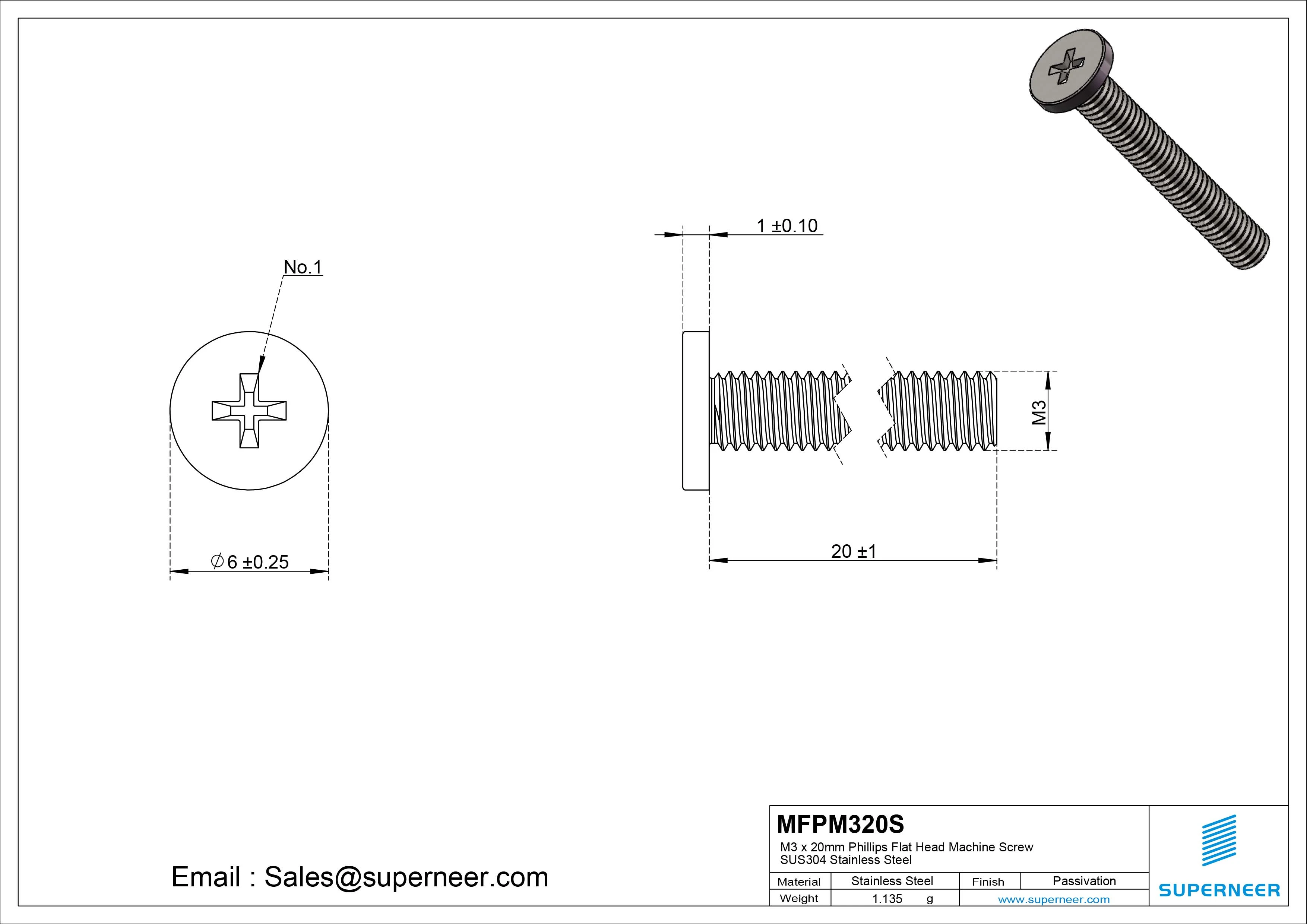 M3 x 20mm Phillips Flat Head Machine Screw SUS304 Stainless Steel 