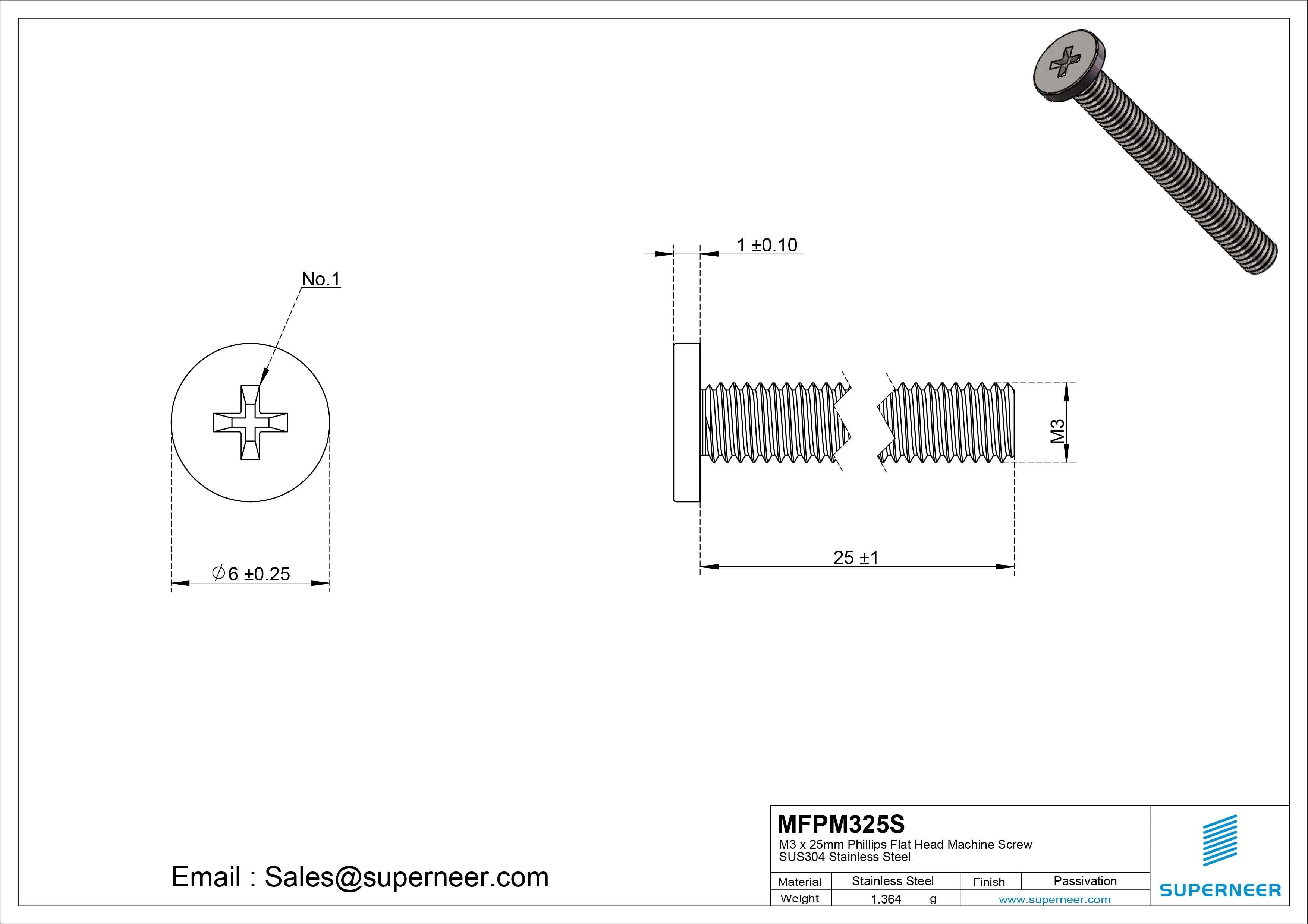 M3 x 25mm Phillips Flat Head Machine Screw SUS304 Stainless Steel 