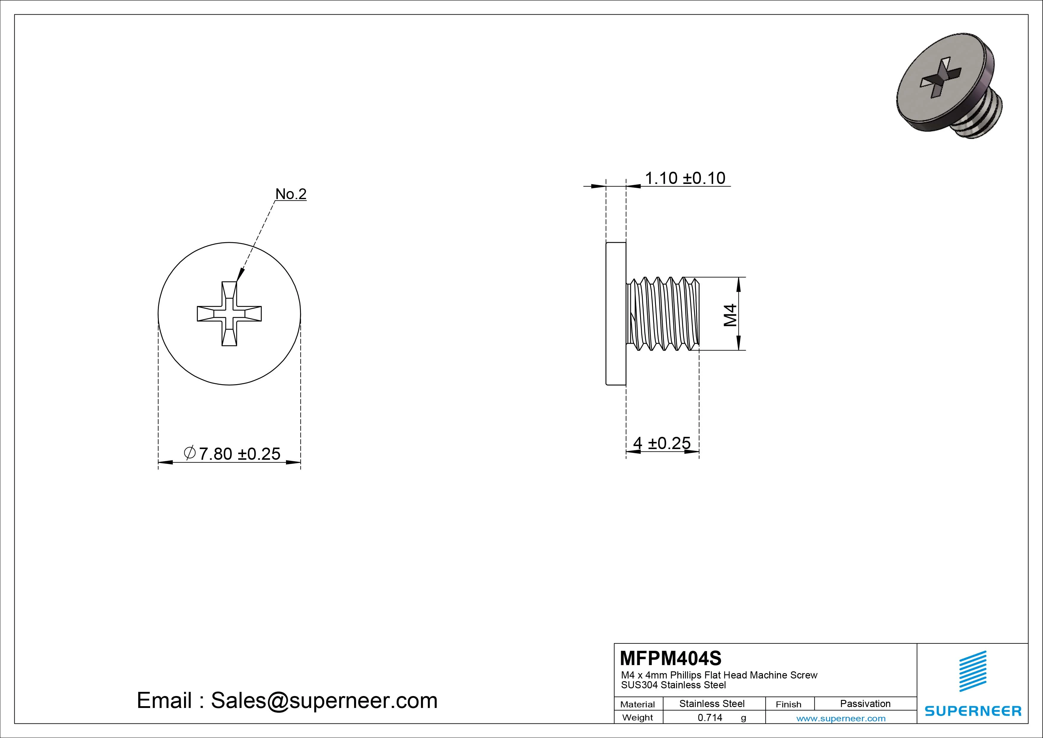 M4 x 4mm Phillips Flat Head Machine Screw SUS304 Stainless Steel 