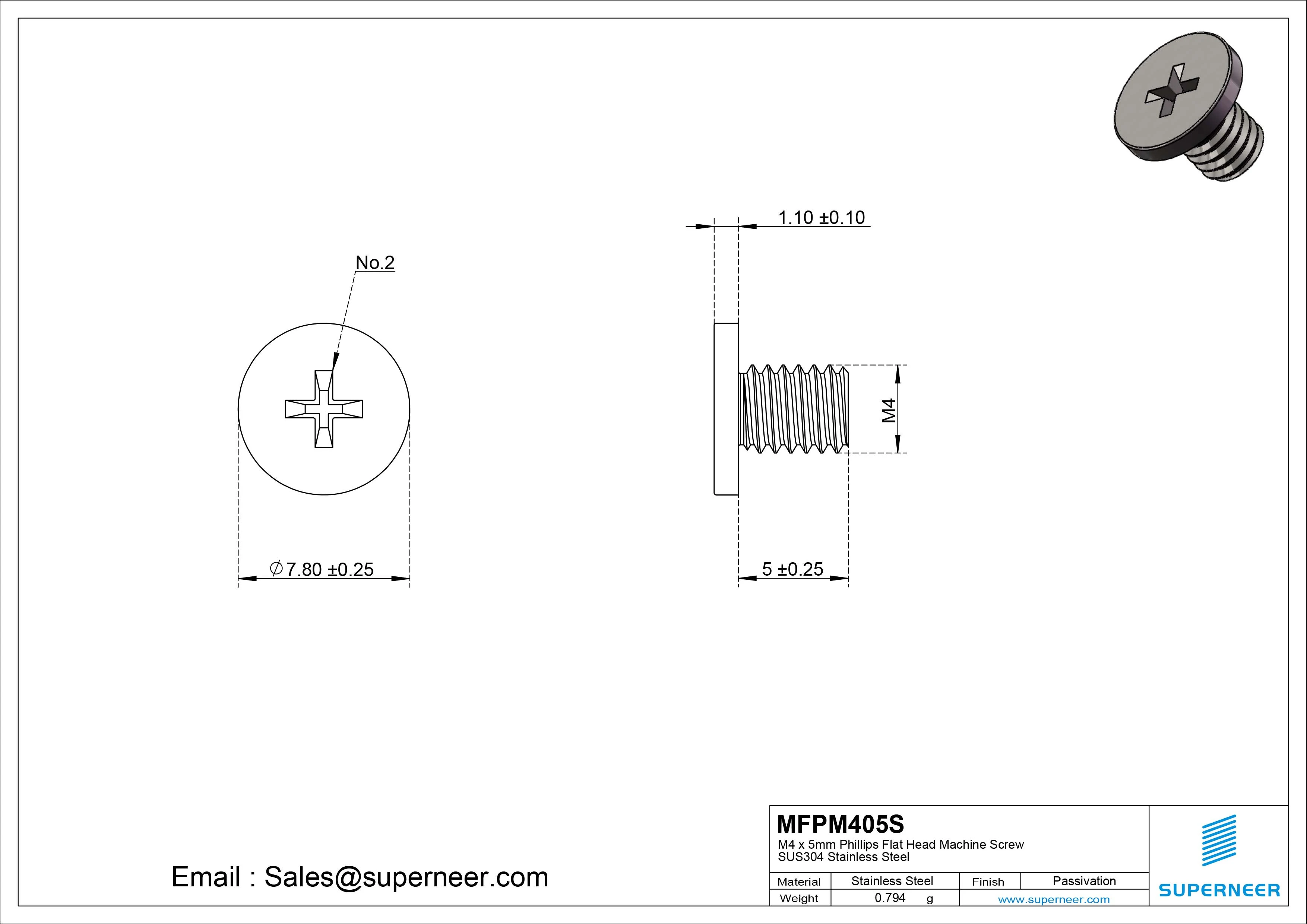 M4 x 5mm Phillips Flat Head Machine Screw SUS304 Stainless Steel 