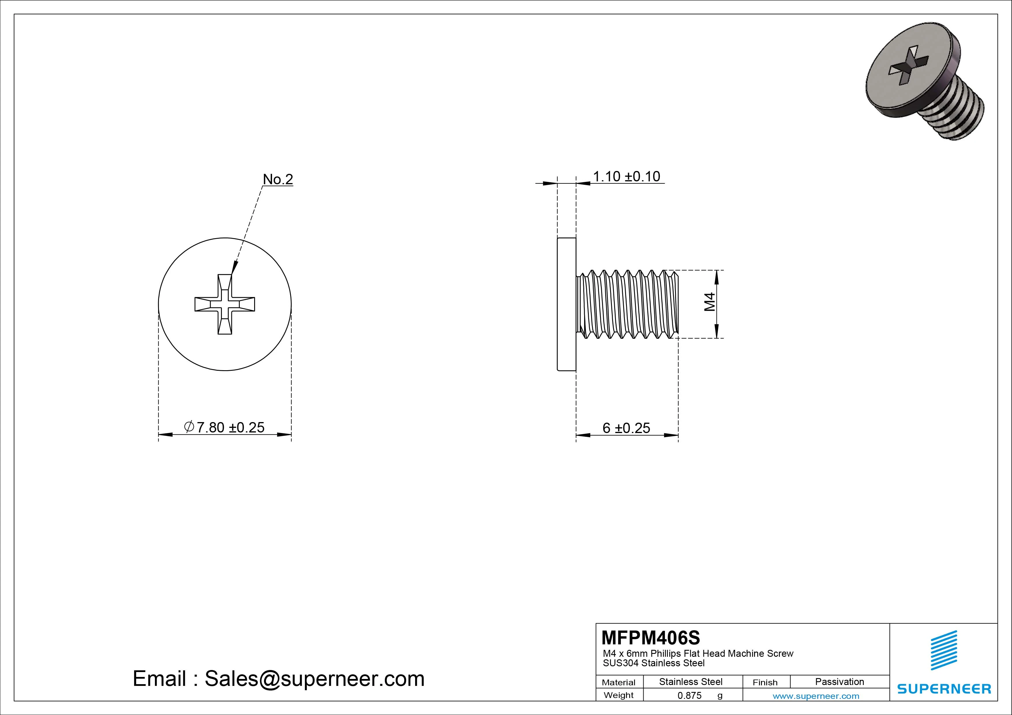 M4 x 6mm Phillips Flat Head Machine Screw SUS304 Stainless Steel 