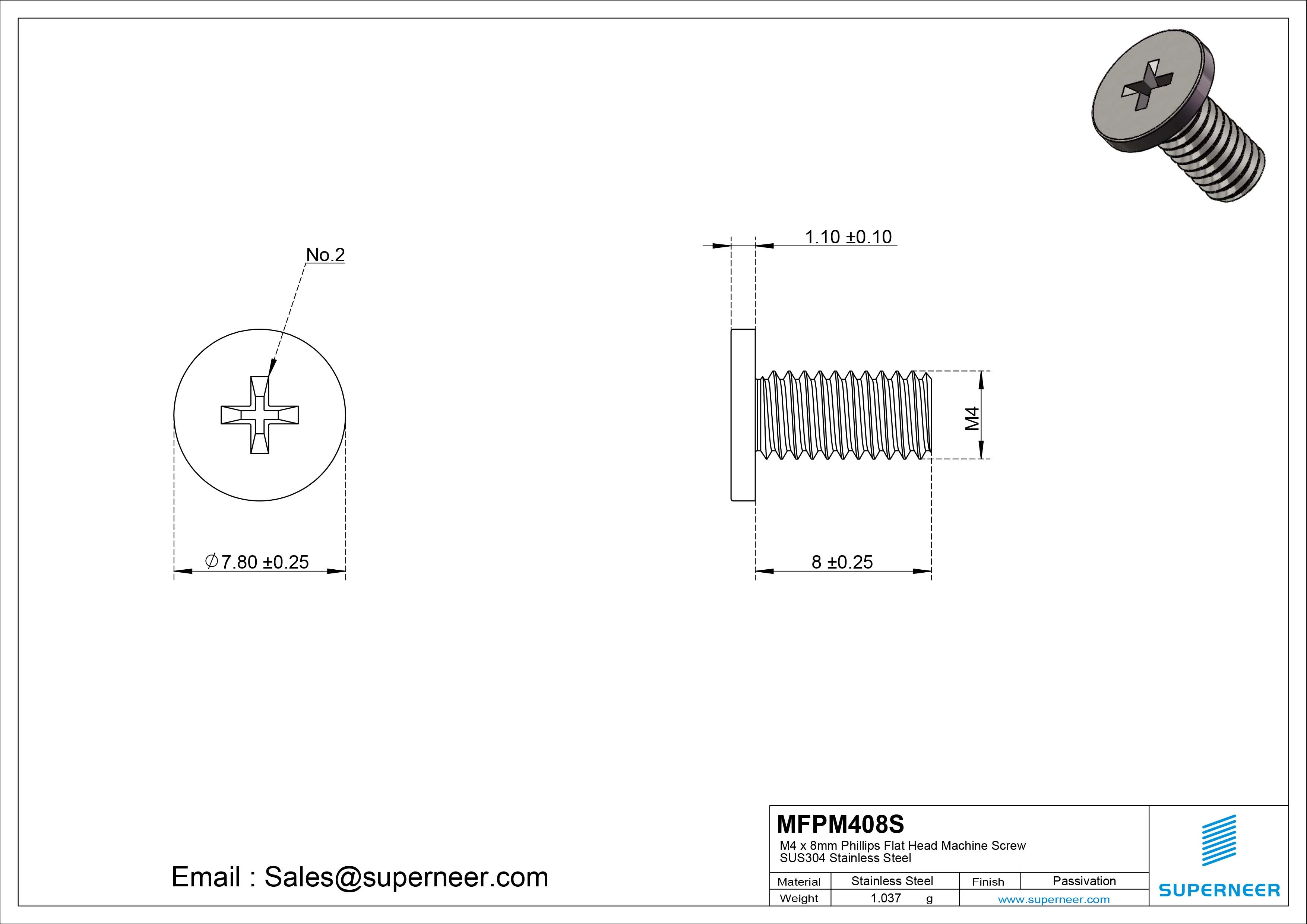 M4 x 8mm Phillips Flat Head Machine Screw SUS304 Stainless Steel 