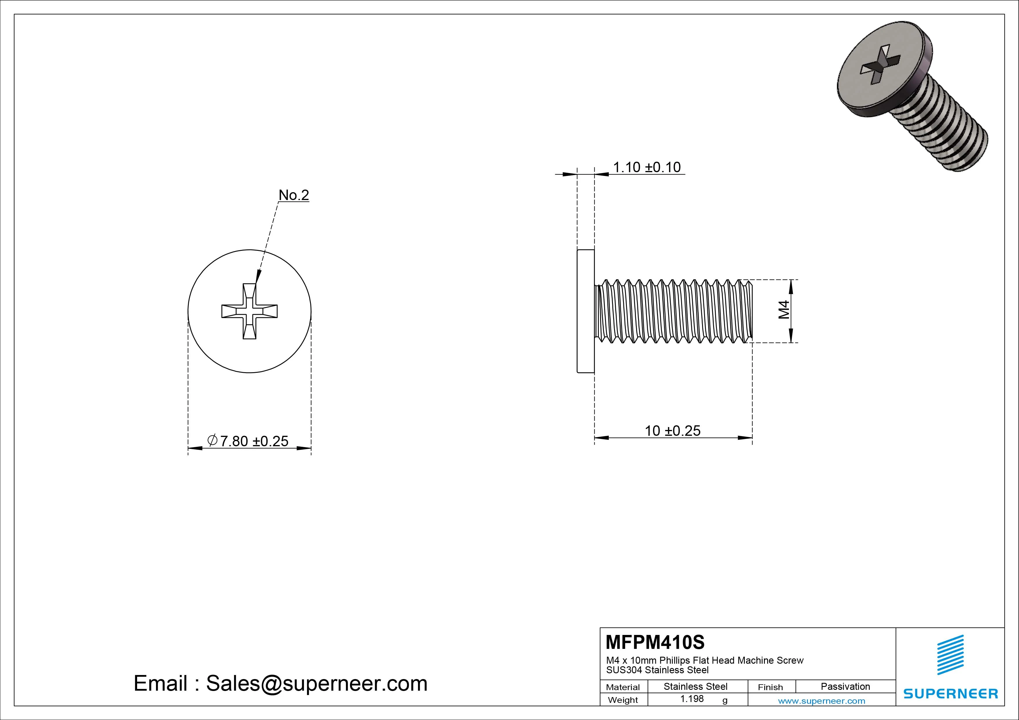 M4 x 10mm Phillips Flat Head Machine Screw SUS304 Stainless Steel 