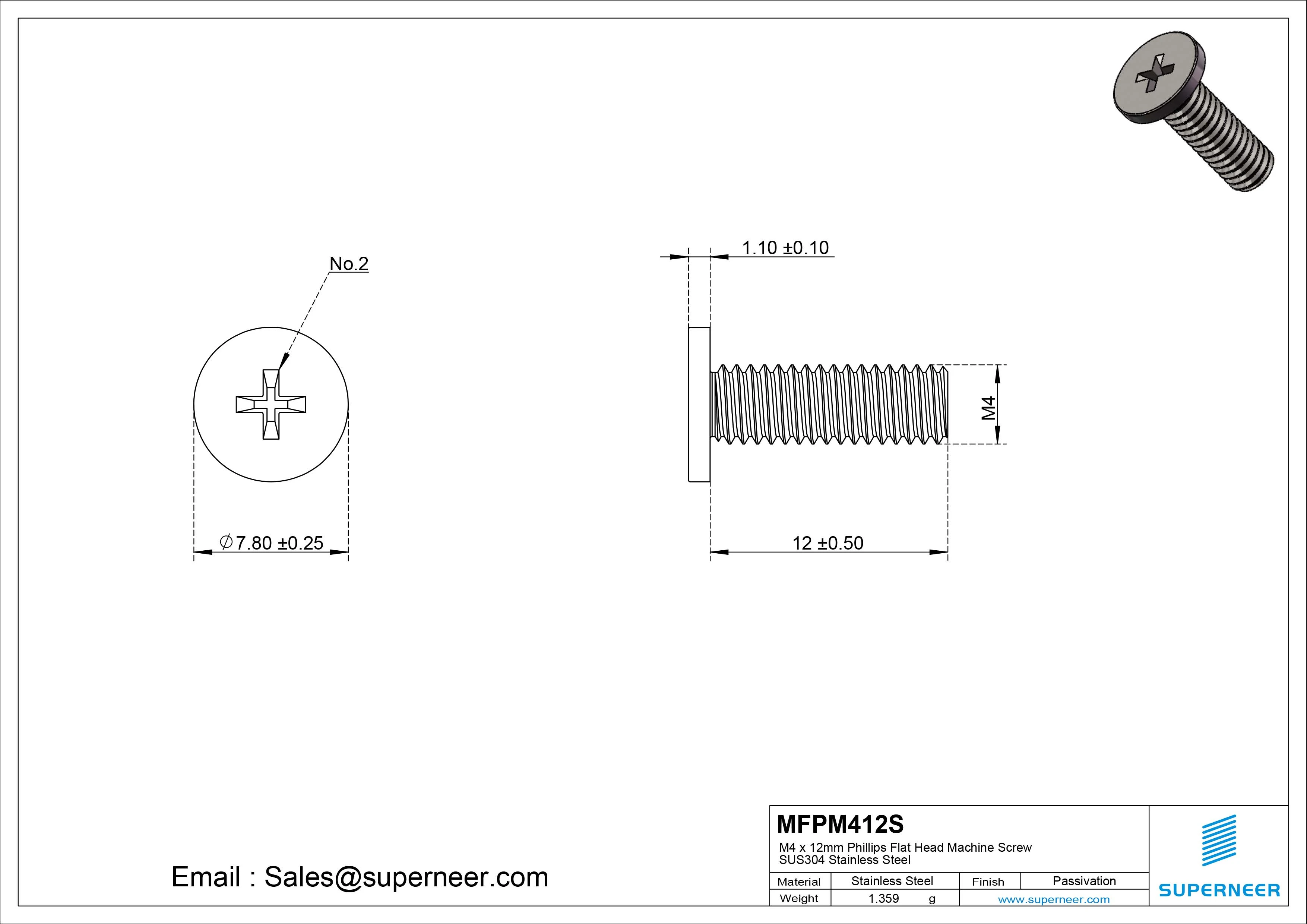 M4 x 12mm Phillips Flat Head Machine Screw SUS304 Stainless Steel 