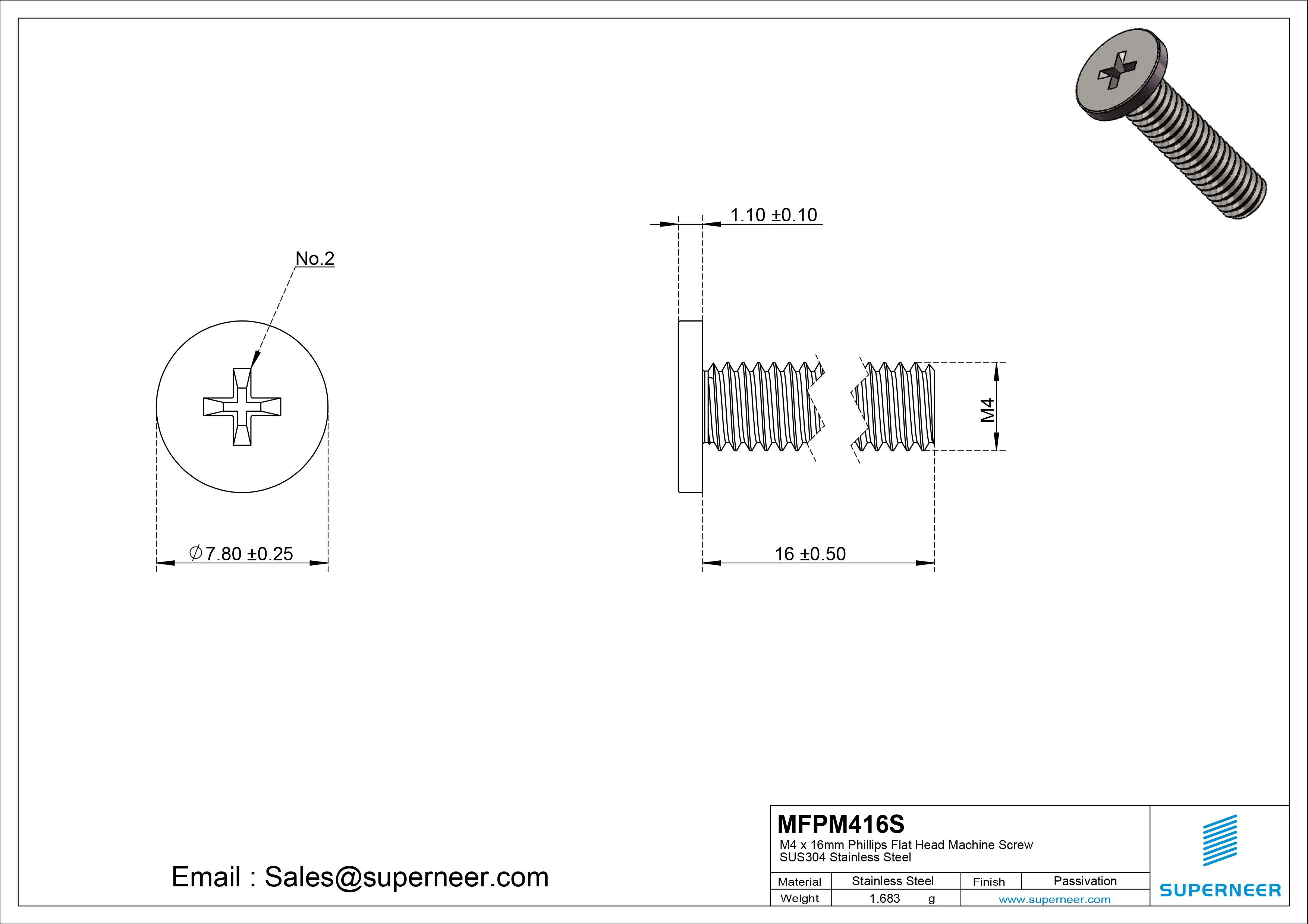 M4 x 16mm Phillips Flat Head Machine Screw SUS304 Stainless Steel 