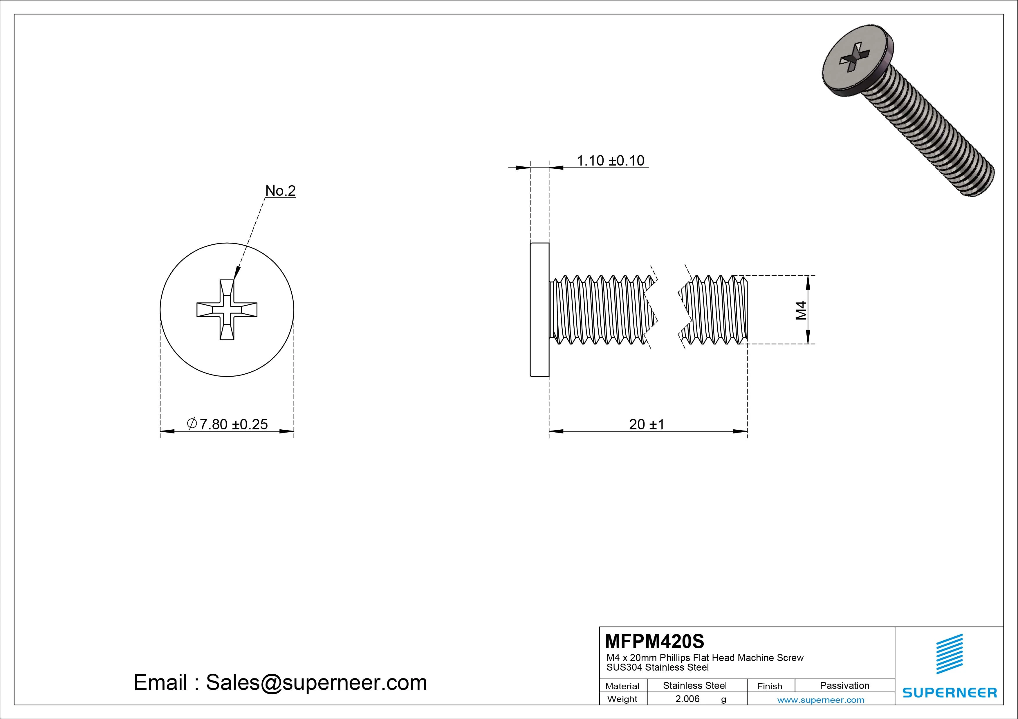 M4 x 20mm Phillips Flat Head Machine Screw SUS304 Stainless Steel 