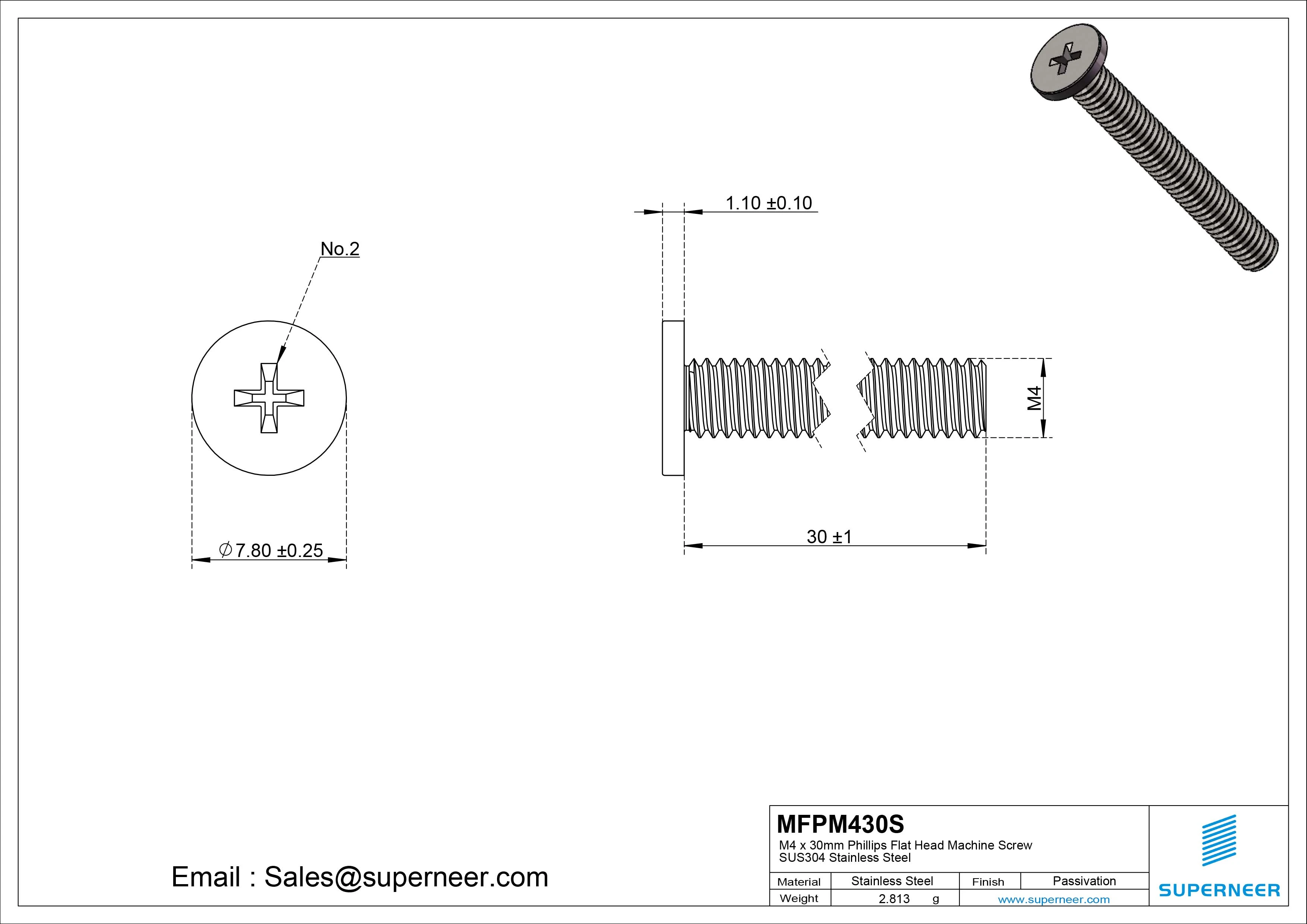 M4 x 30mm Phillips Flat Head Machine Screw SUS304 Stainless Steel 