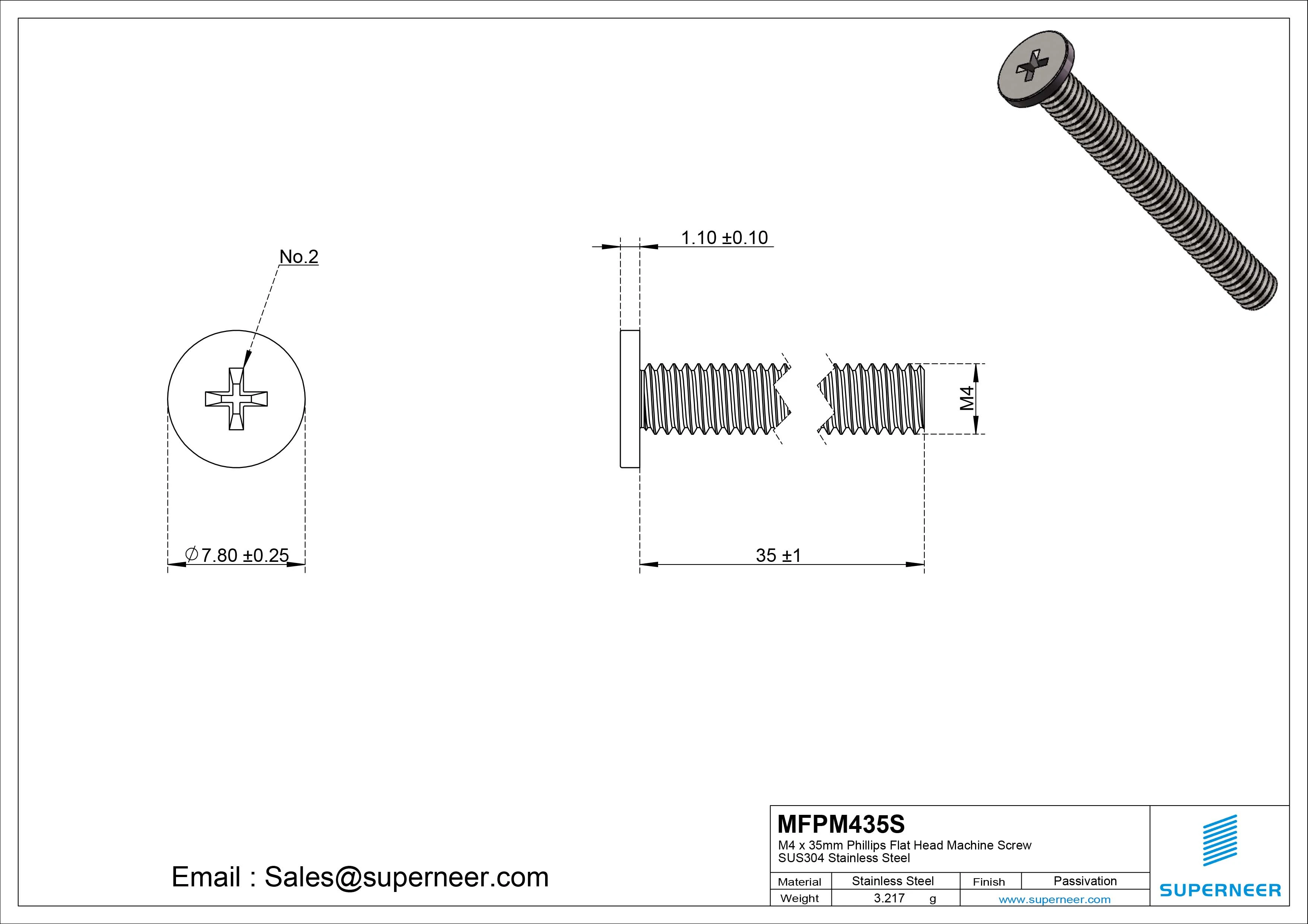 M4 x 35mm Phillips Flat Head Machine Screw SUS304 Stainless Steel 