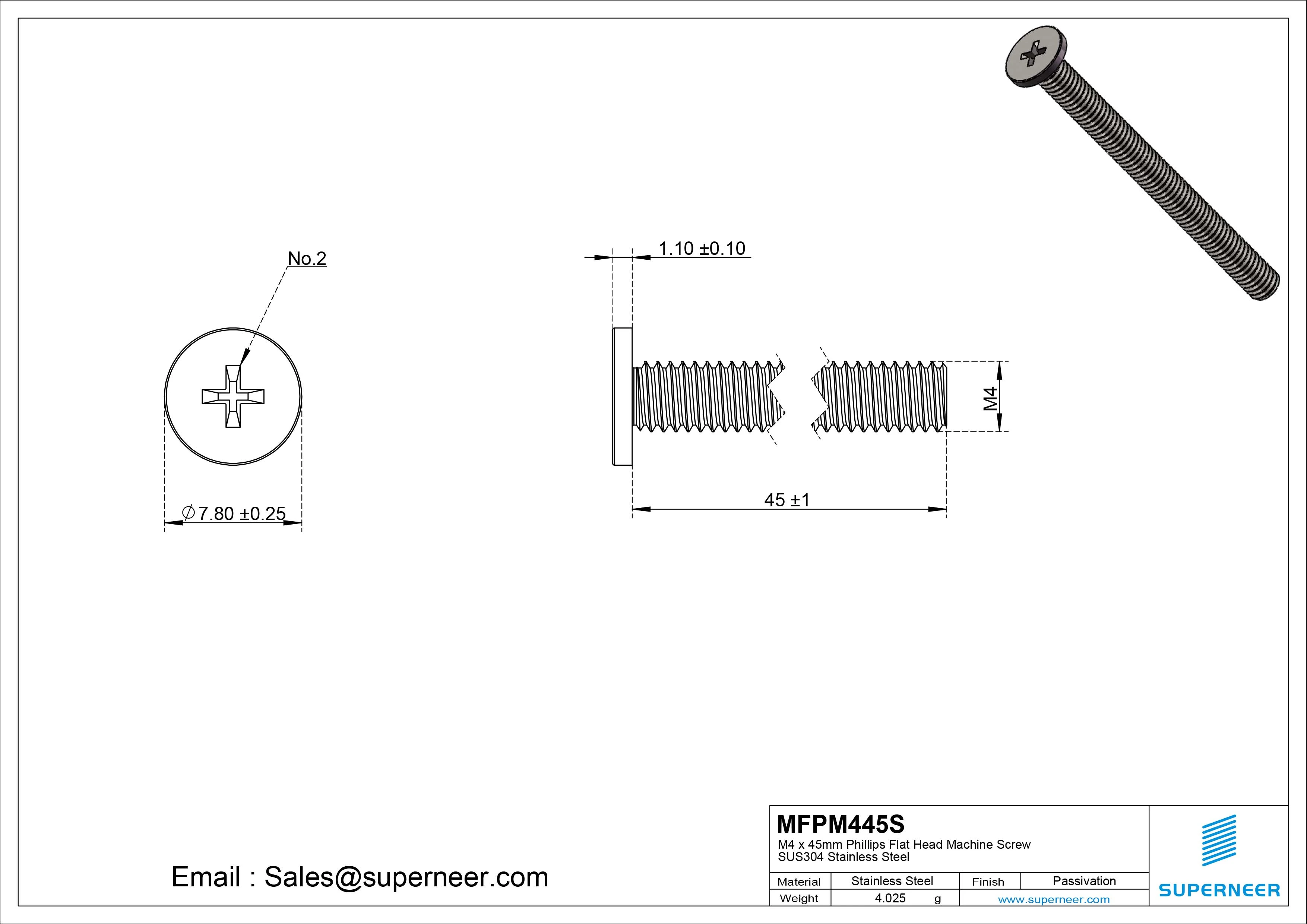 M4 x 45mm Phillips Flat Head Machine Screw SUS304 Stainless Steel 
