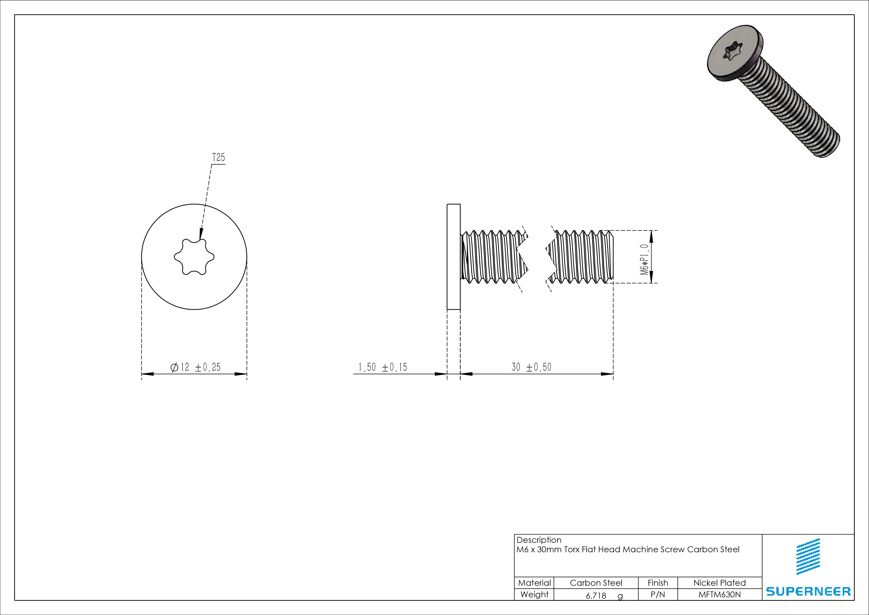 M6 x 30mm Torx Flat Head Machine Screw Carbon Steel Nickel Plated