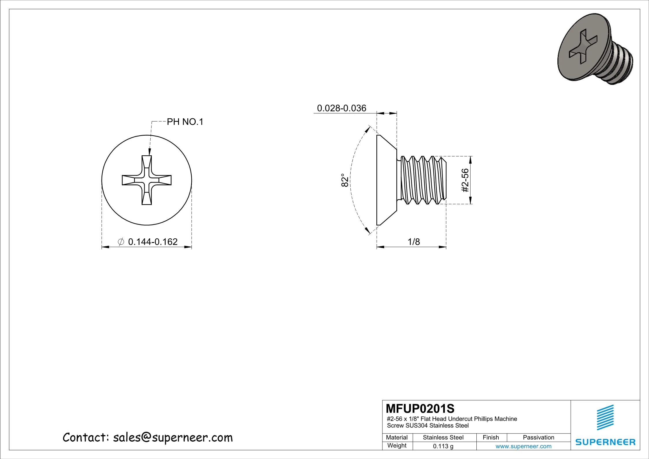 2-56 x 1/8" Flat Head Undercut Phillips Machine Screw SUS304 Stainless Steel Inox