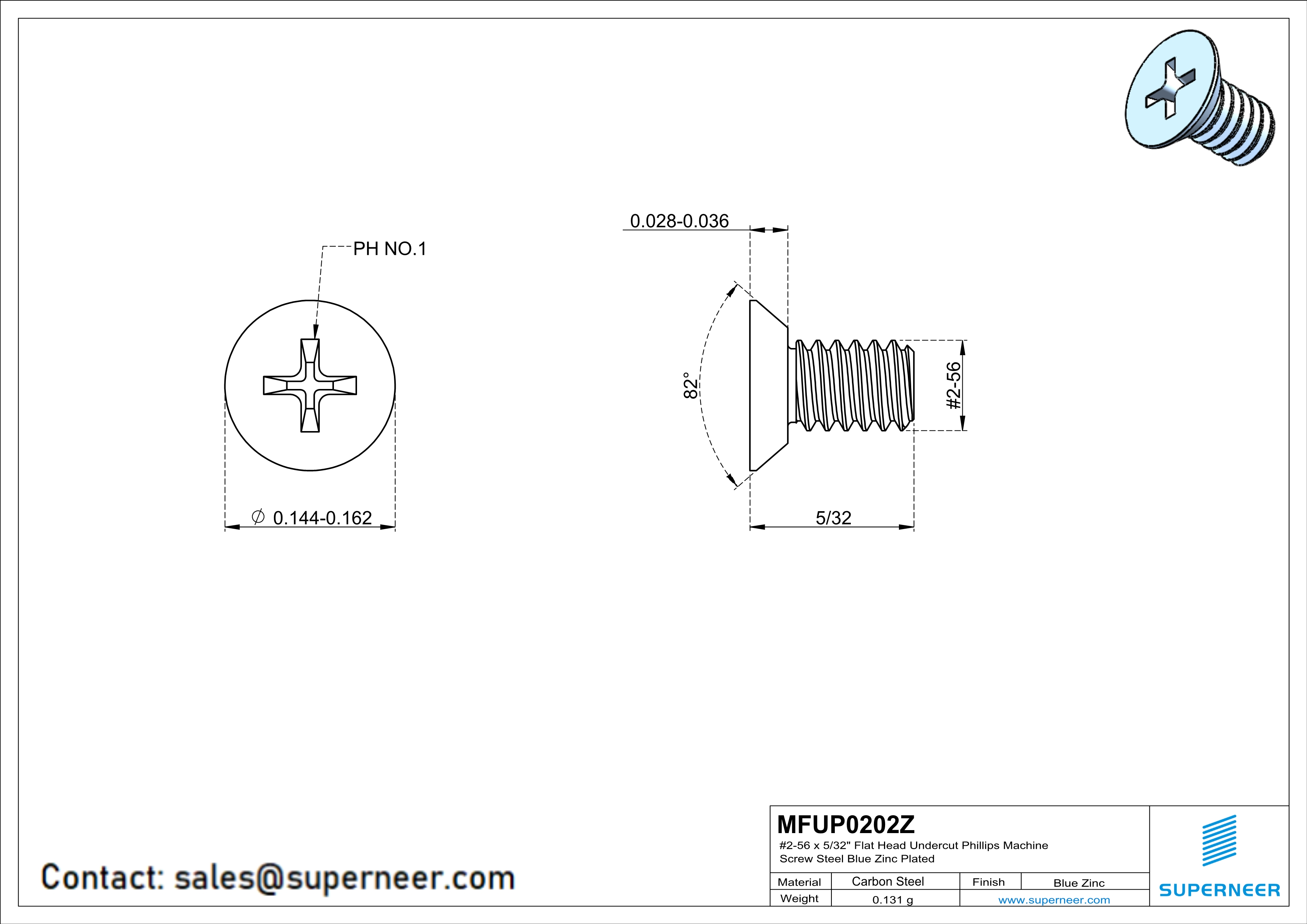 2-56 x 5/32" Flat Head Undercut Phillips Machine Screw Steel Blue Zinc Plated