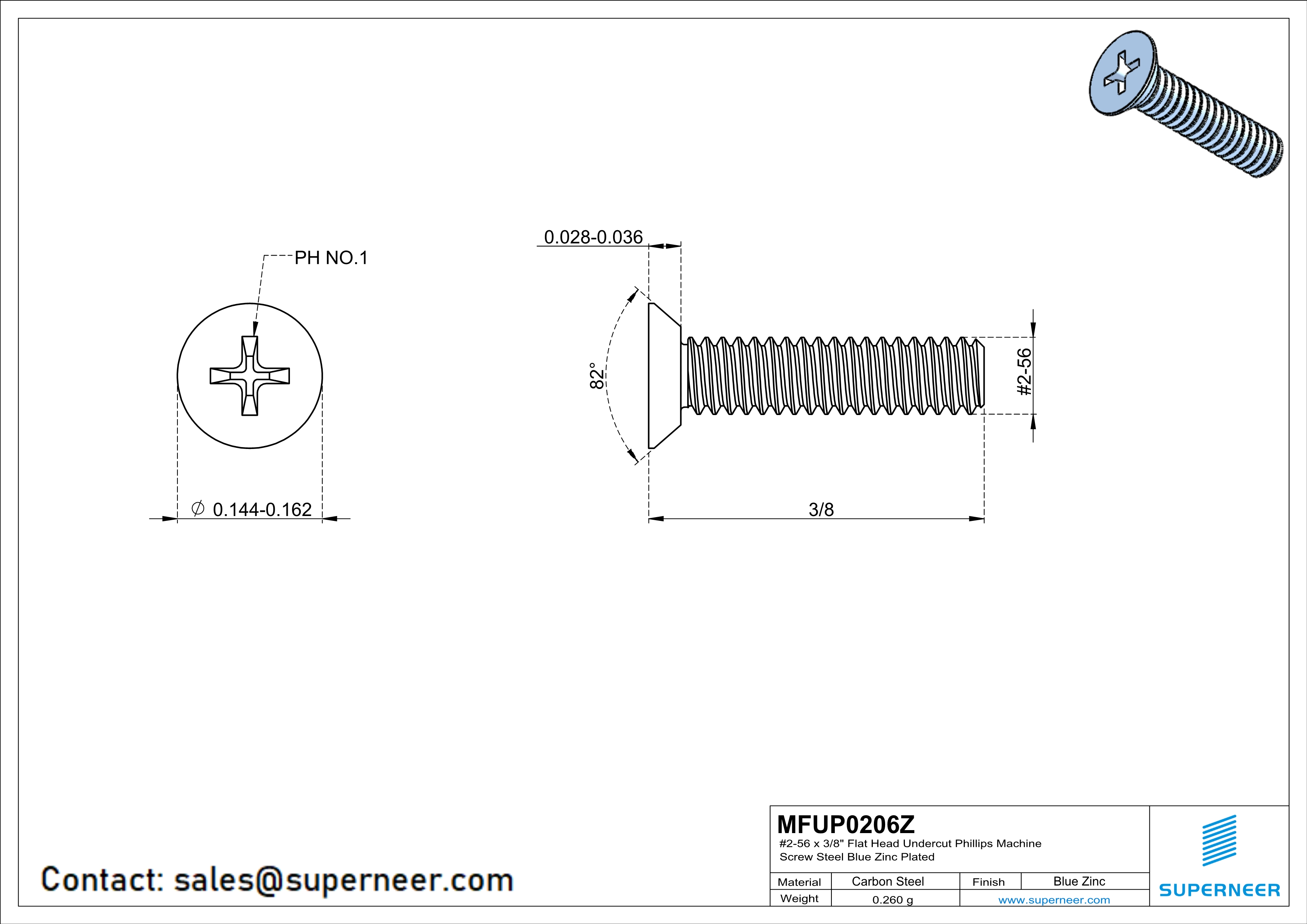 2-56 x 3/8" Flat Head Undercut Phillips Machine Screw Steel Blue Zinc Plated