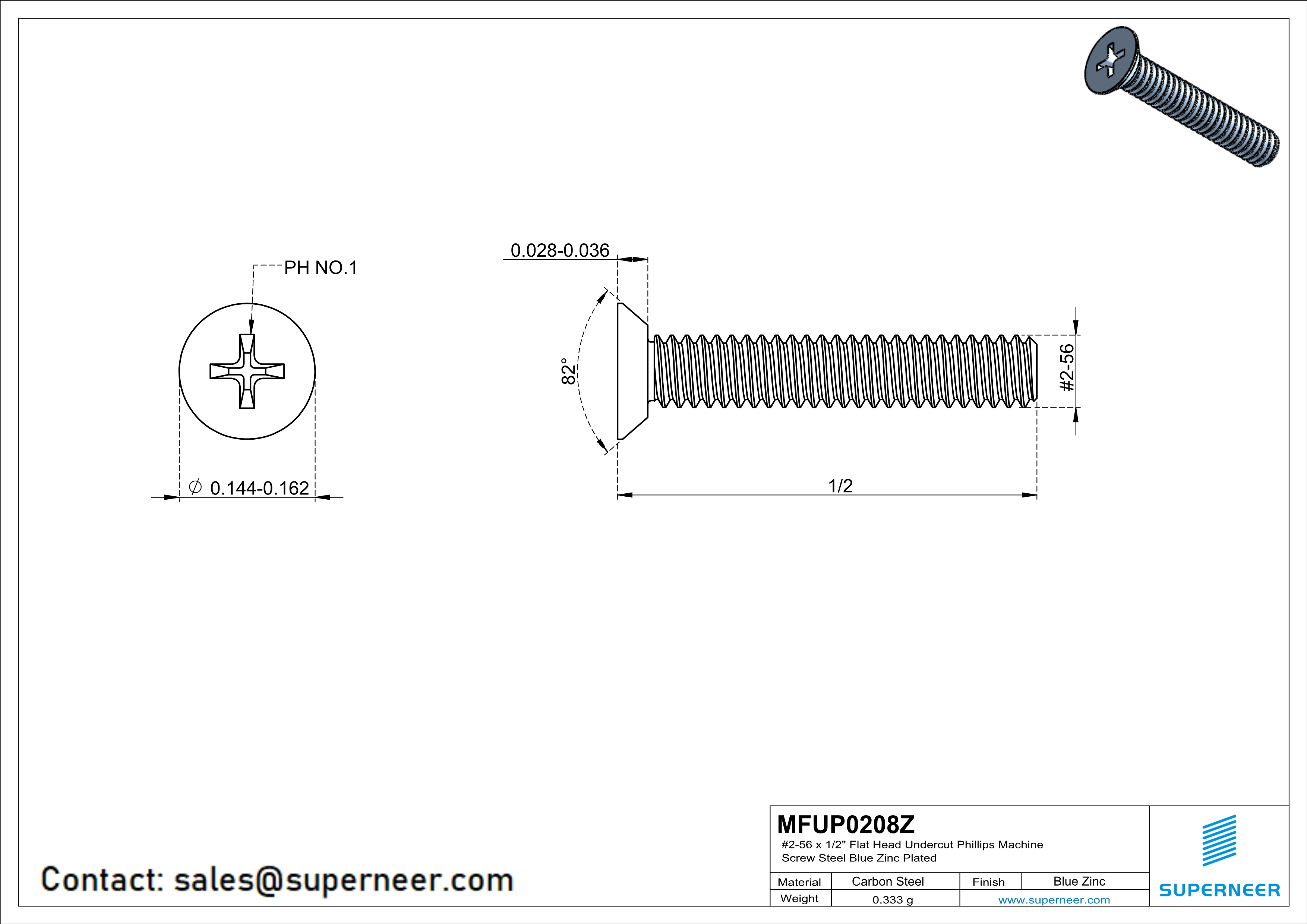 2-56 x 1/2" Flat Head Undercut Phillips Machine Screw Steel Blue Zinc Plated