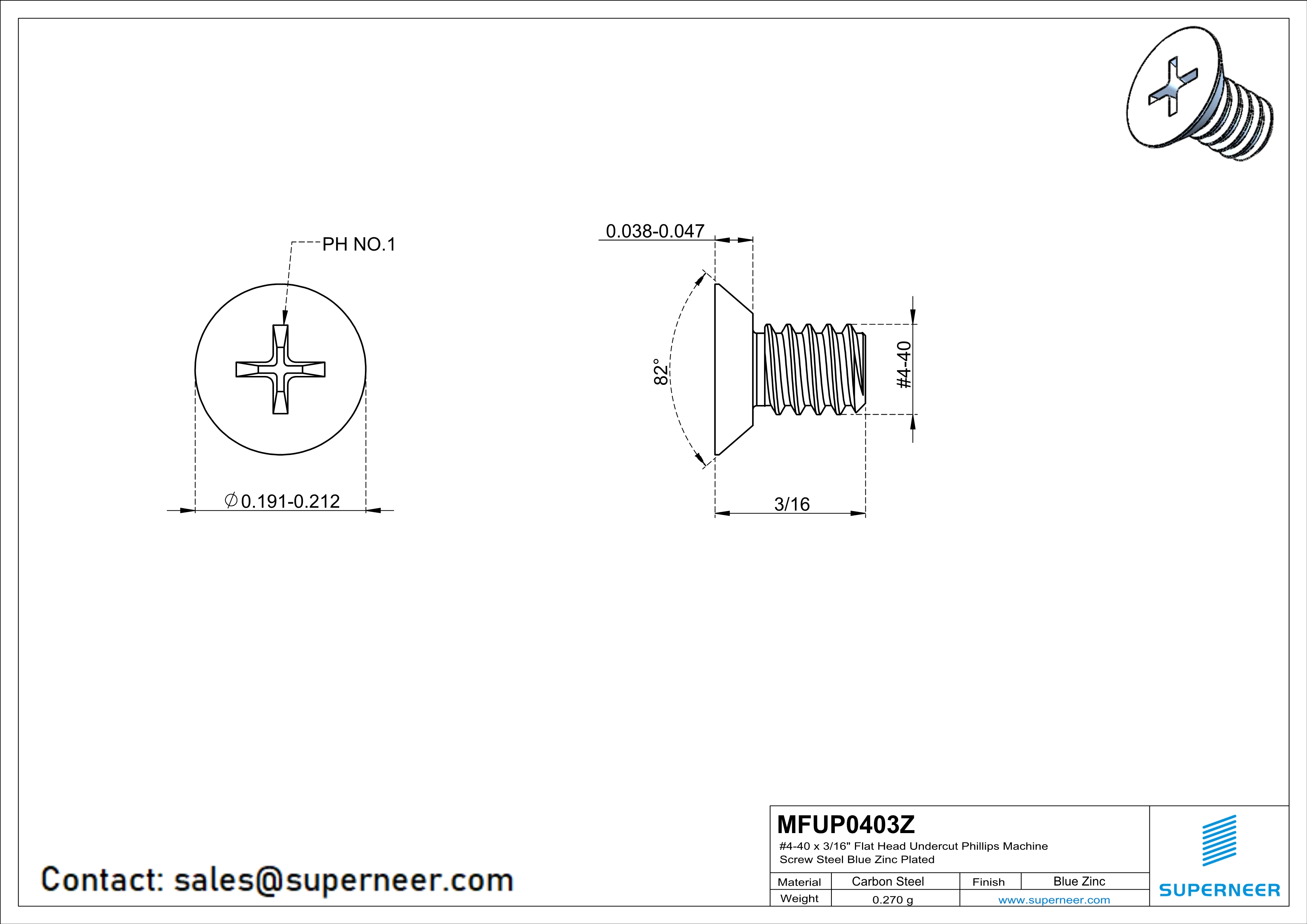 4-40 x 3/16" Flat Head Undercut Phillips Machine Screw Steel Blue Zinc Plated