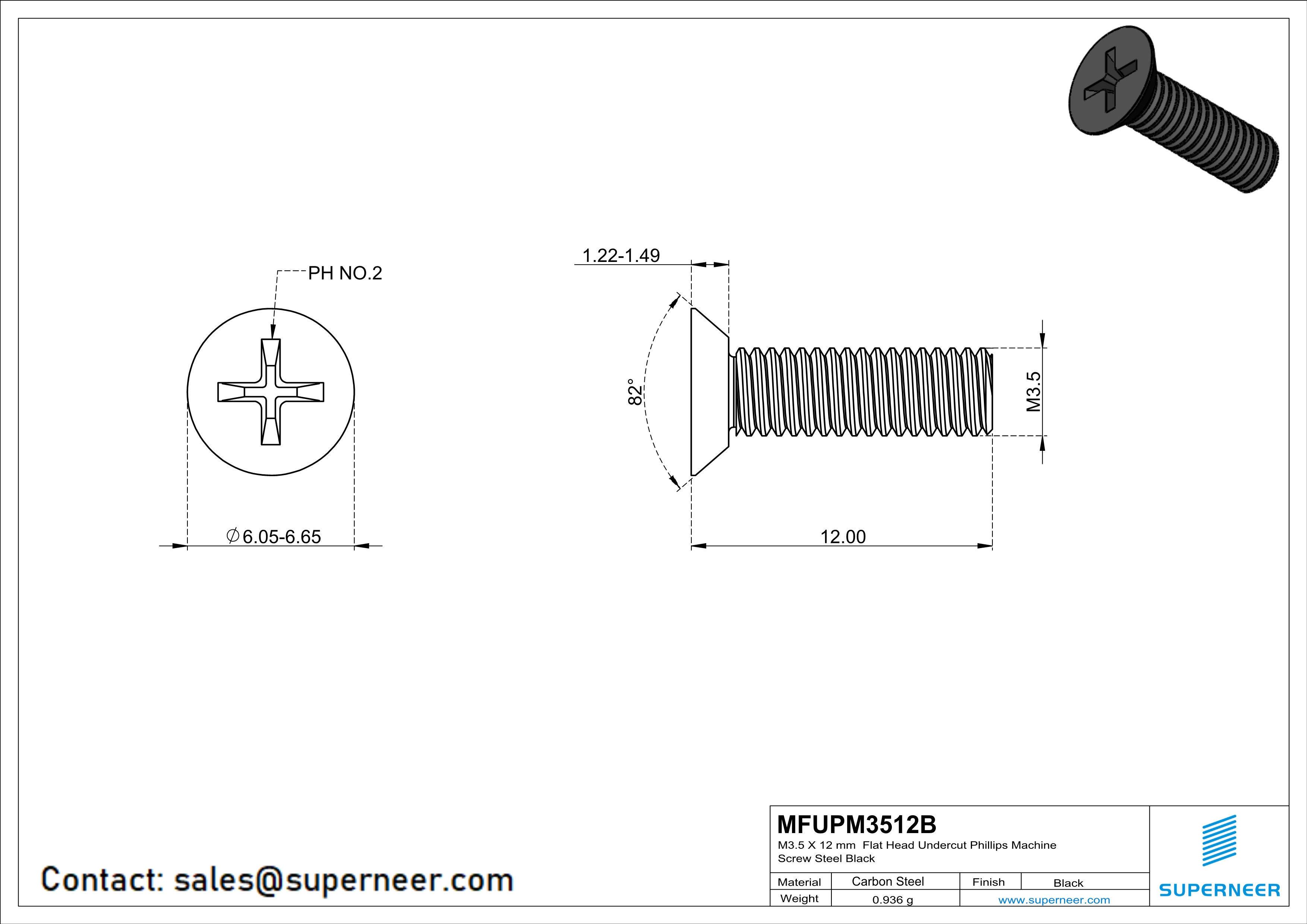 M3.5 x 12 mm Flat Head Undercut Phillips Machine Screw Steel Black