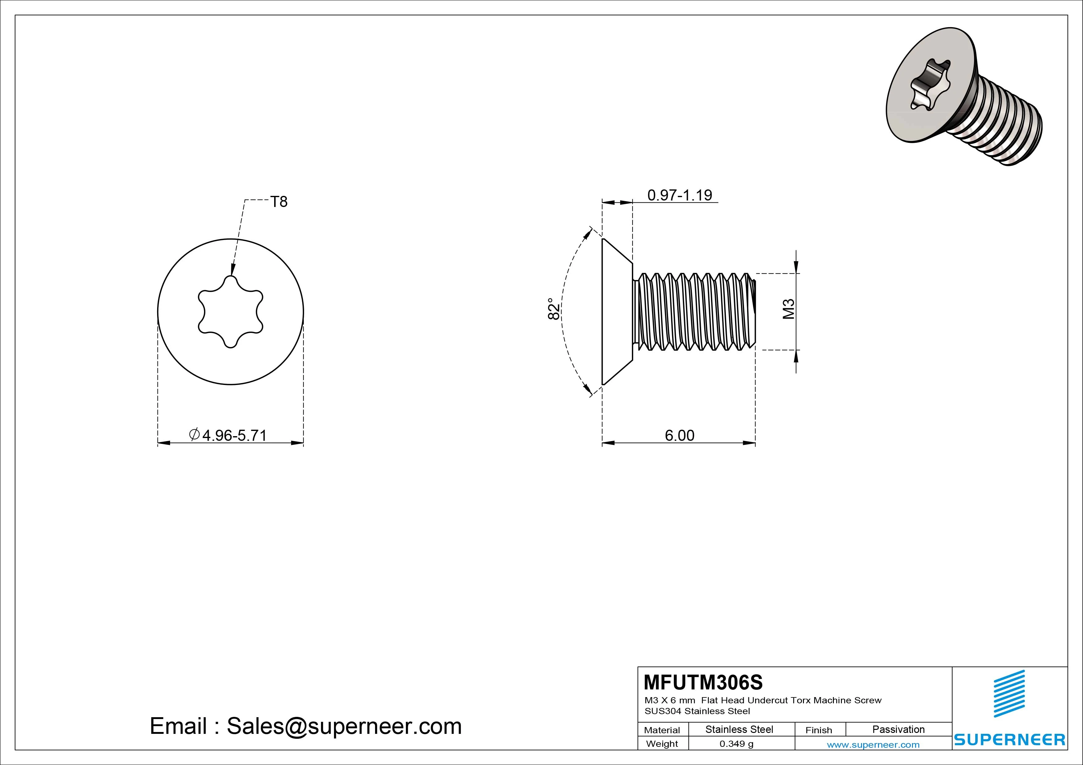 M3 x 6 mm  Flat Head Undercut Torx Machine Screw SUS304 Stainless Steel Inox
