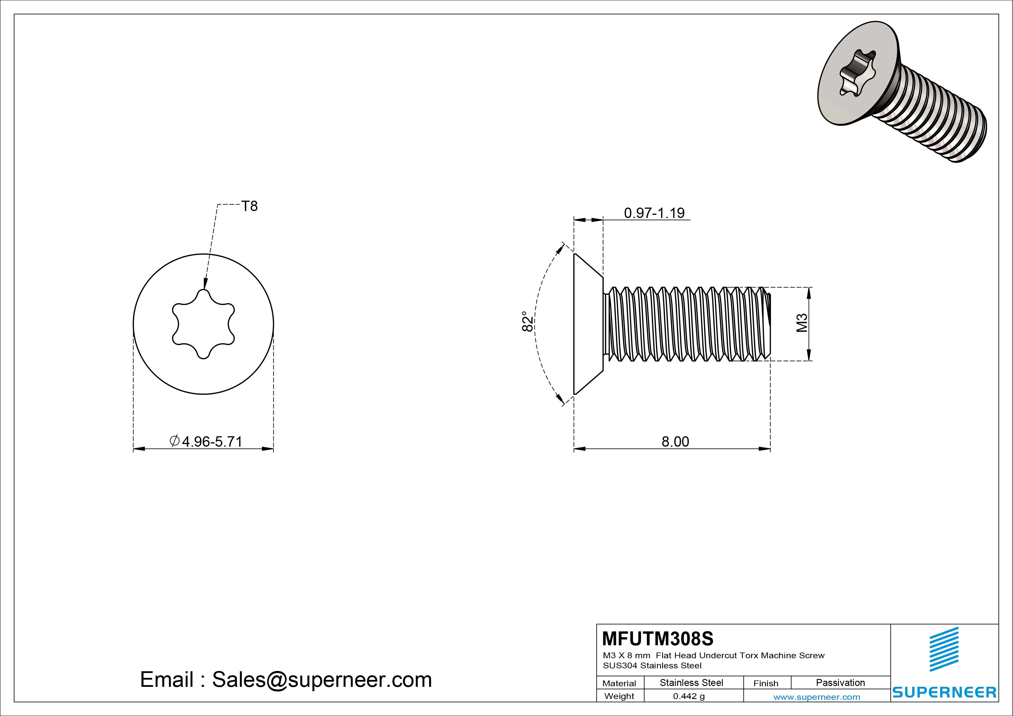 M3 x 8 mm  Flat Head Undercut Torx Machine Screw SUS304 Stainless Steel Inox
