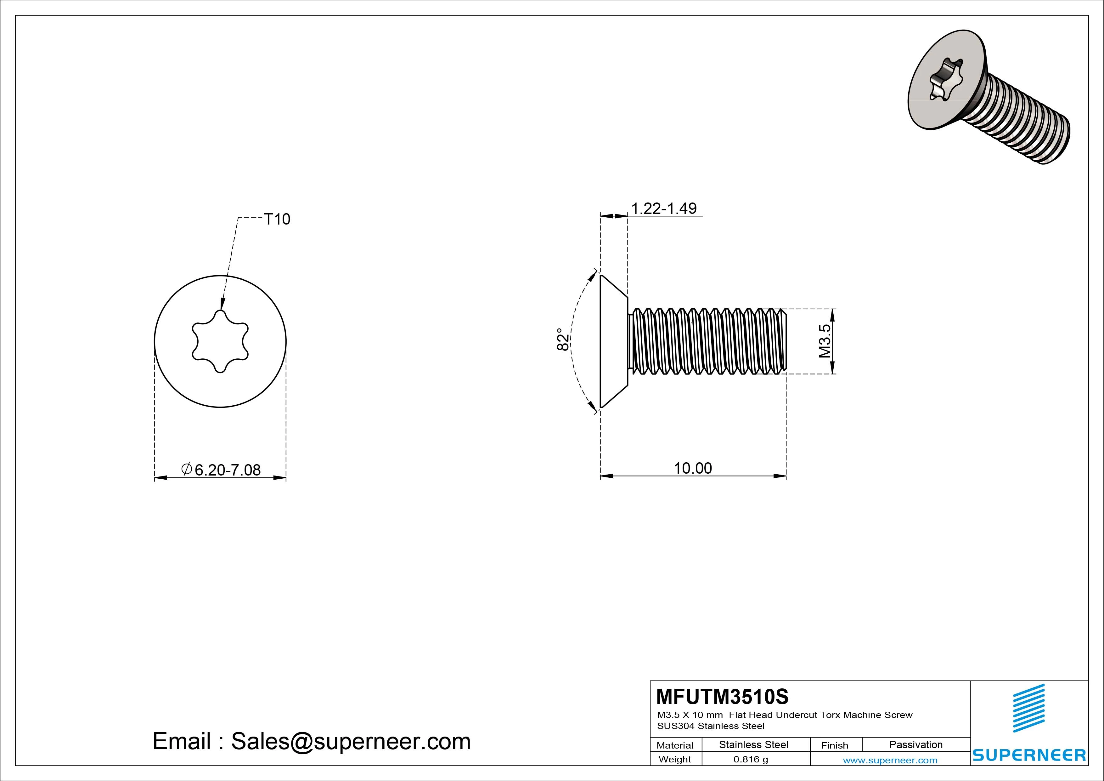 M3.5 x 10 mm  Flat Head Undercut Torx Machine Screw SUS304 Stainless Steel Inox