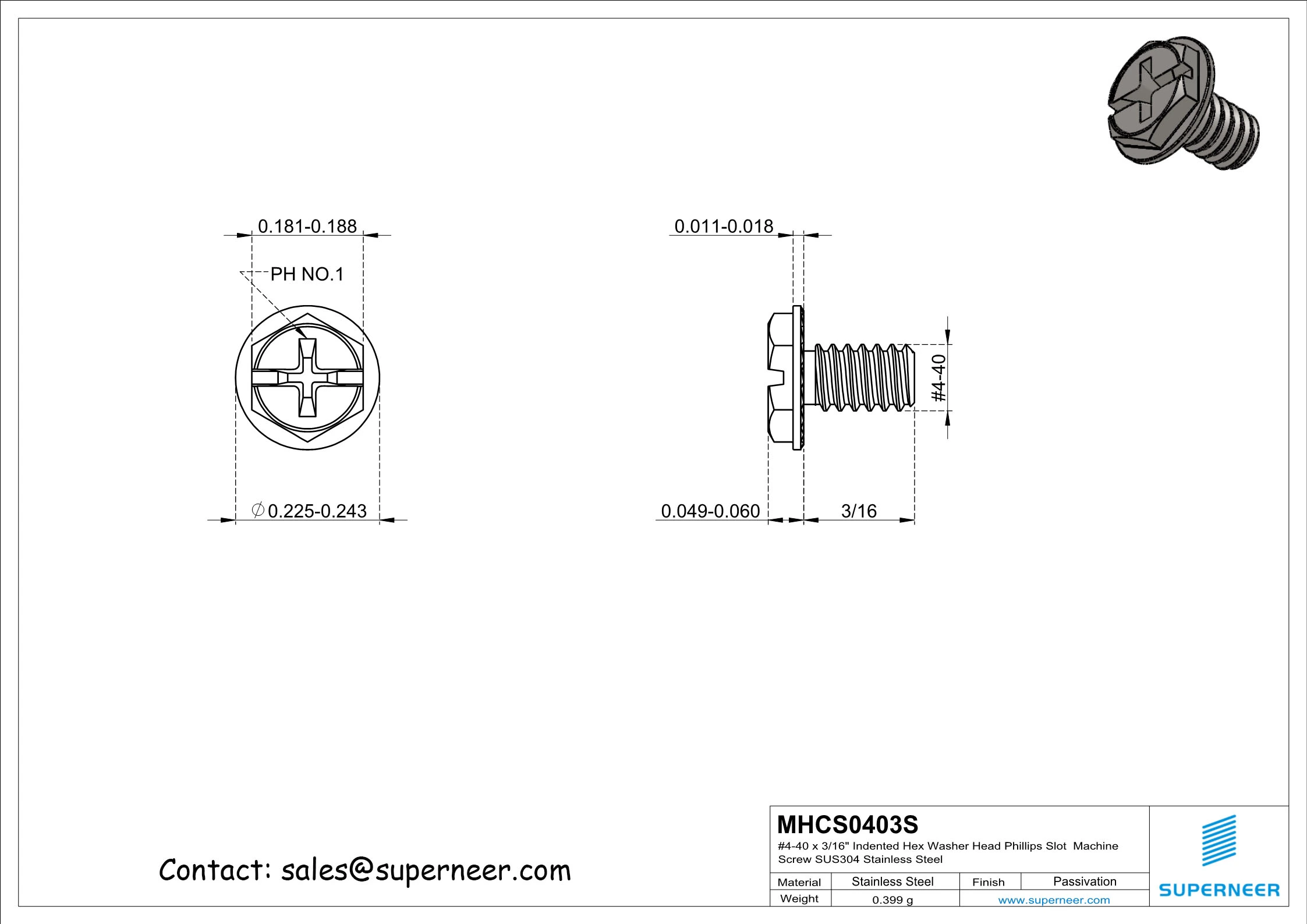 4-40 x 3/16" Indented Hex Washer Serrated Head Phillips Slot Machine Screw SUS304 Stainless Steel Inox
