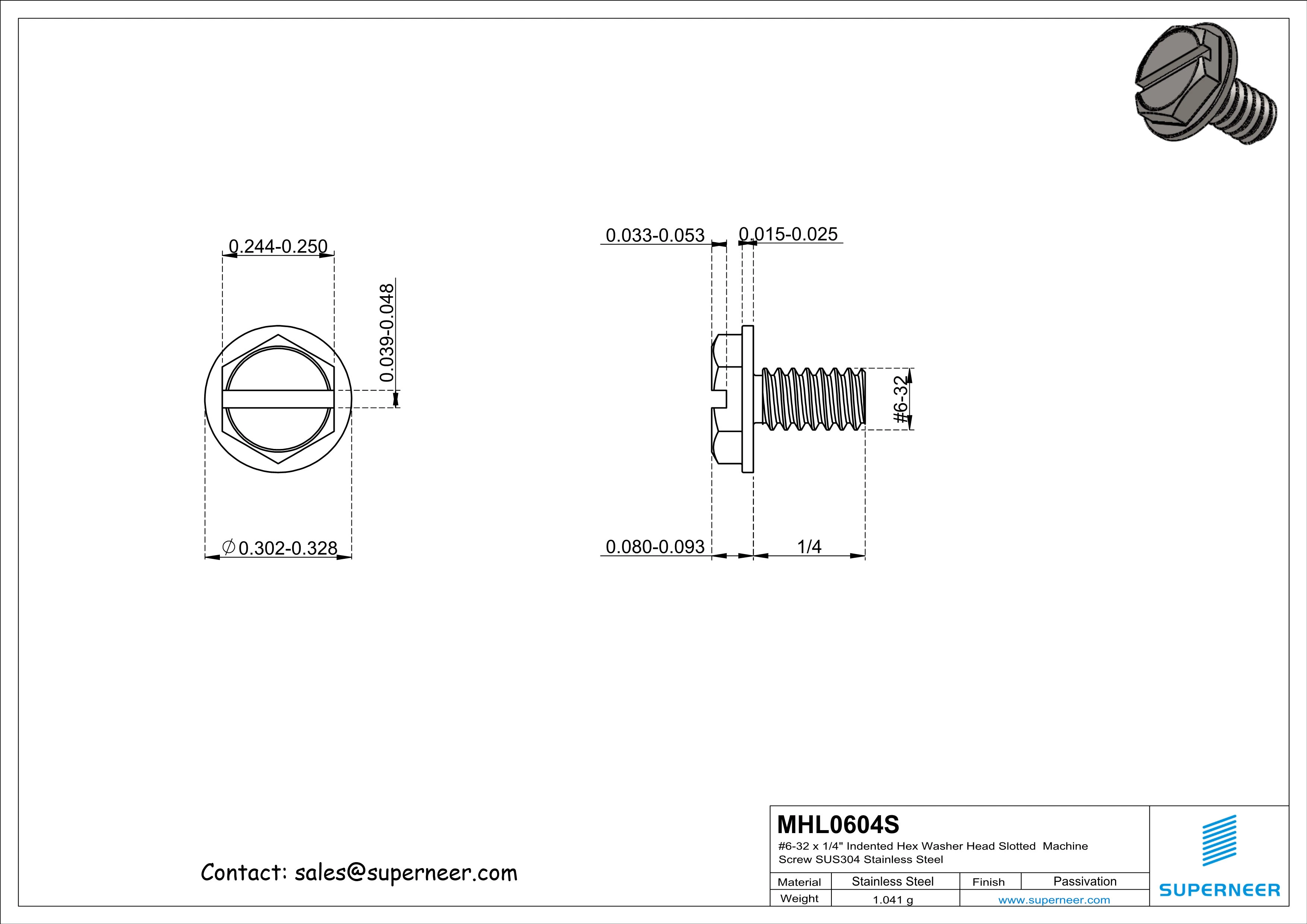 6-32 x 1/4" Indented Hex Washer Head Slotted Machine Screw SUS304 Stainless Steel Inox