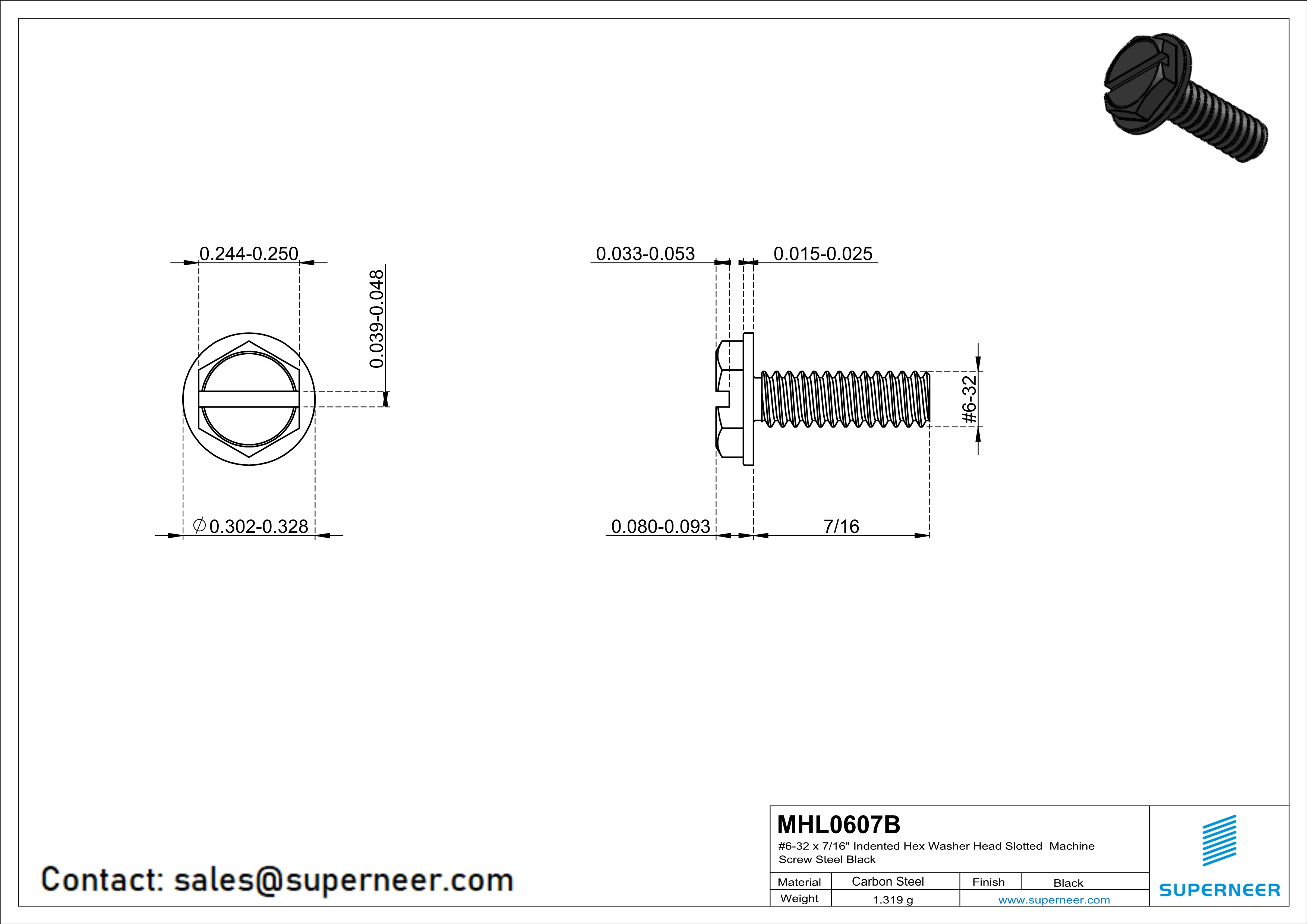 6-32 x 7/16“ Indented Hex Washer Head Slotted Machine Screw Steel Black