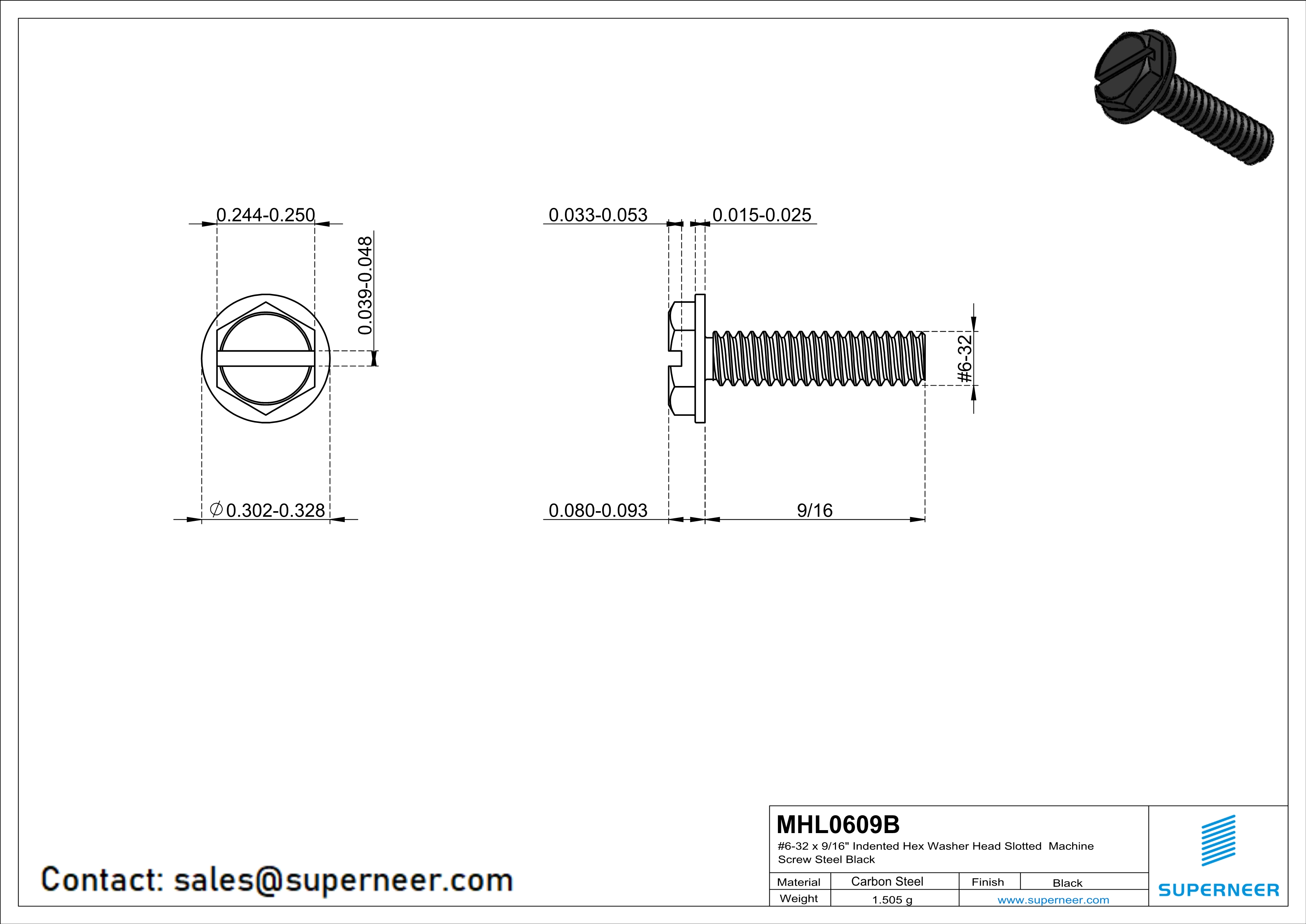 6-32 x 9/16“ Indented Hex Washer Head Slotted Machine Screw Steel Black