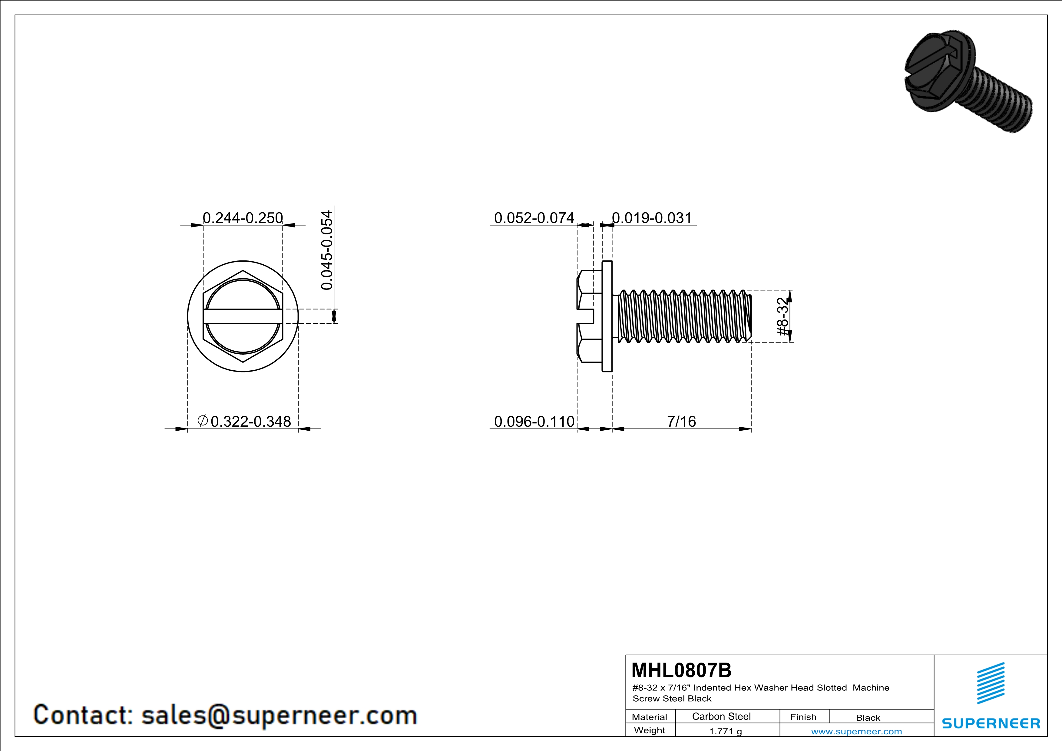 8-32 x 7/16“ Indented Hex Washer Head Slotted Machine Screw Steel Black
