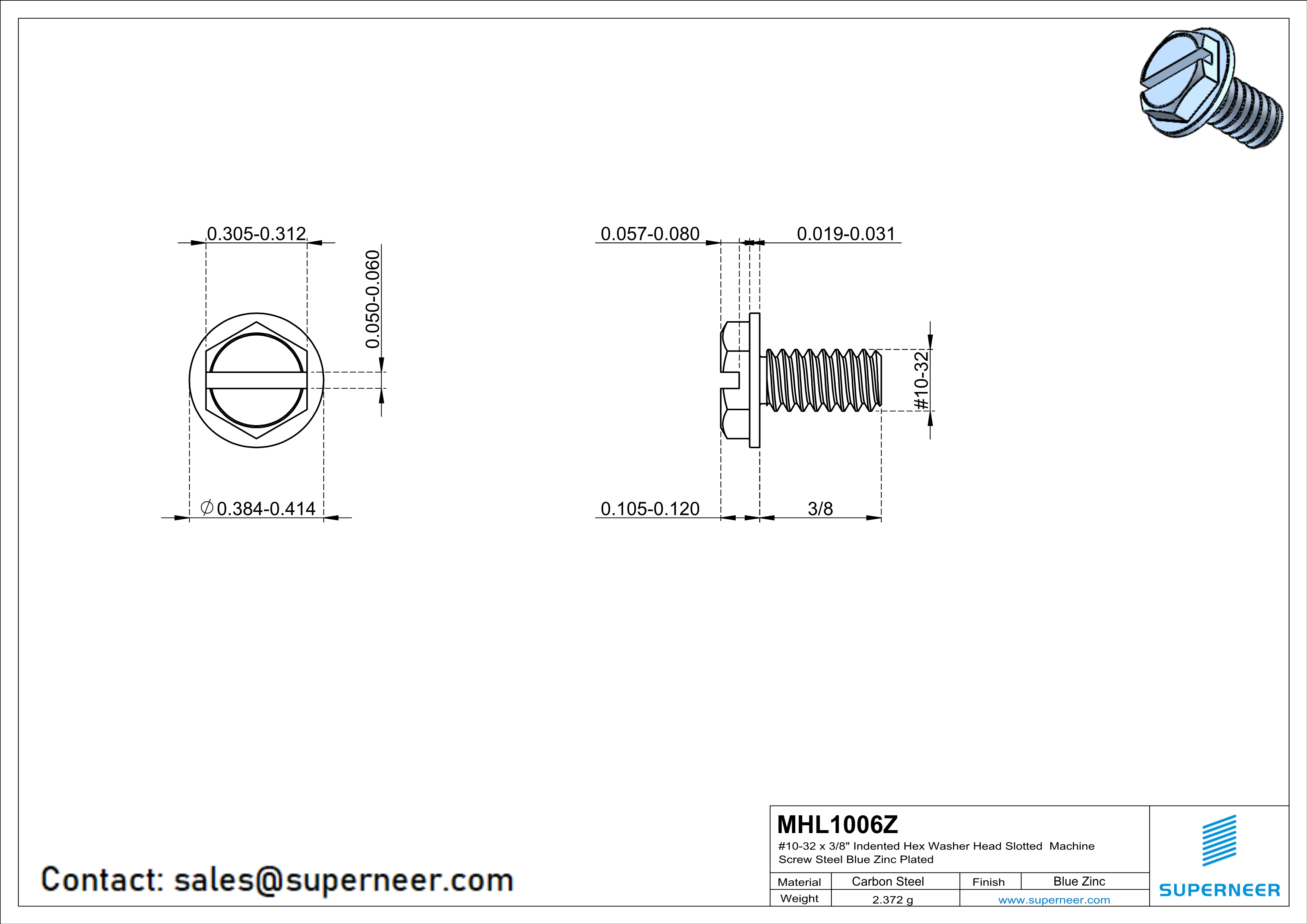 10-32 x 3/8" Indented Hex Washer Head Slotted Machine Screw Steel Blue Zinc Plated