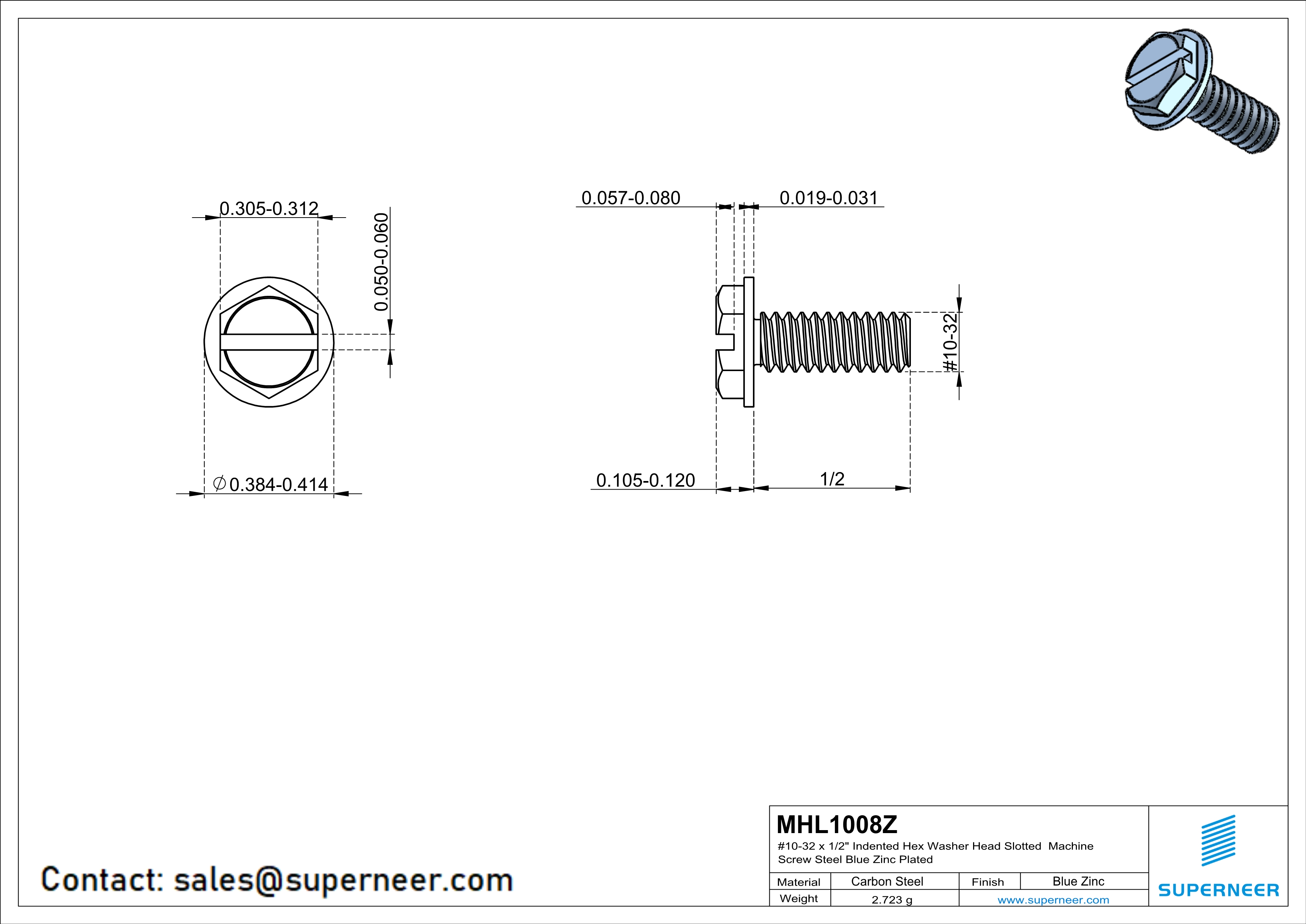 10-32 x 1/2" Indented Hex Washer Head Slotted Machine Screw Steel Blue Zinc Plated