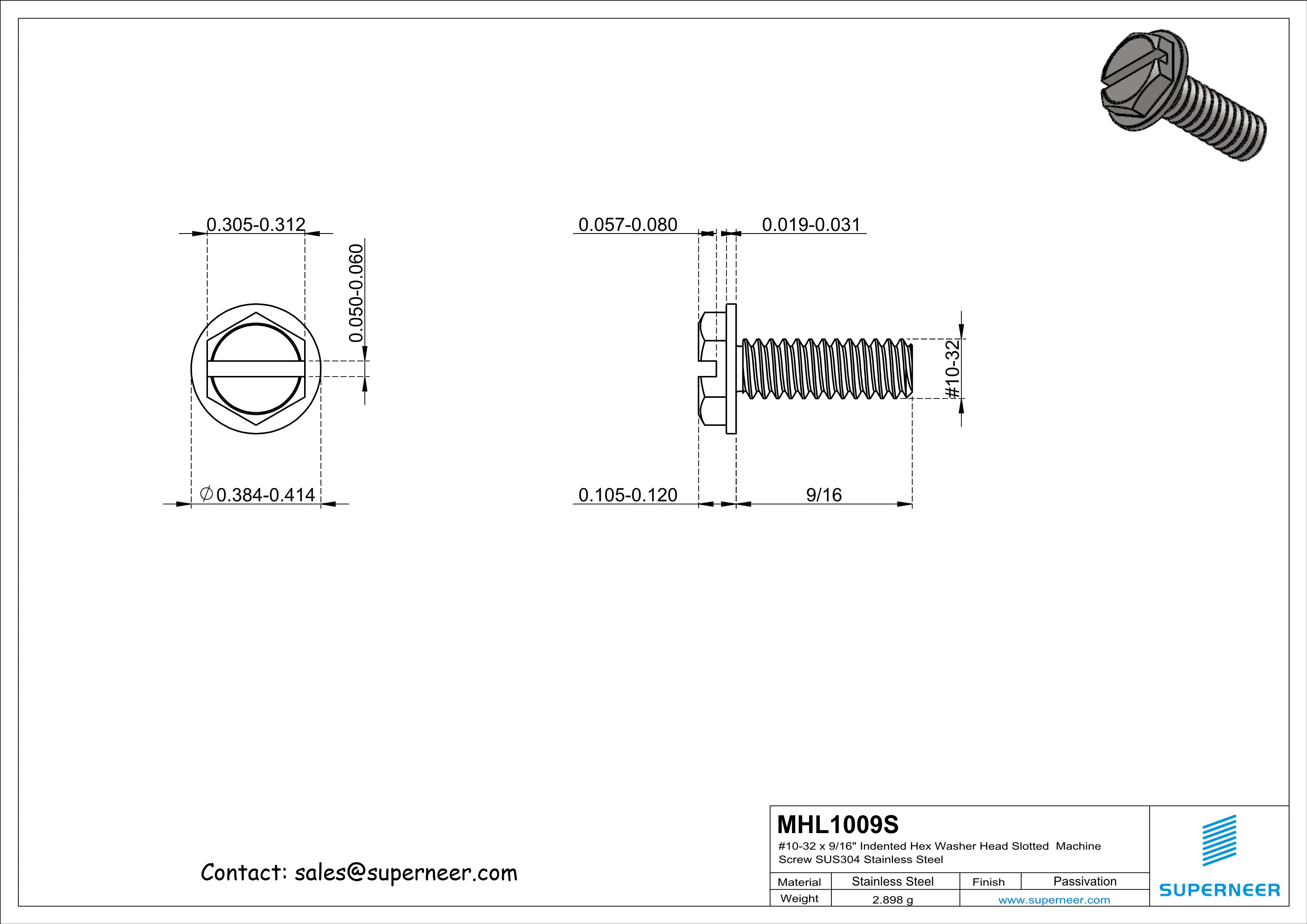 10-32 x 9/16“ Indented Hex Washer Head Slotted Machine Screw SUS304 Stainless Steel Inox