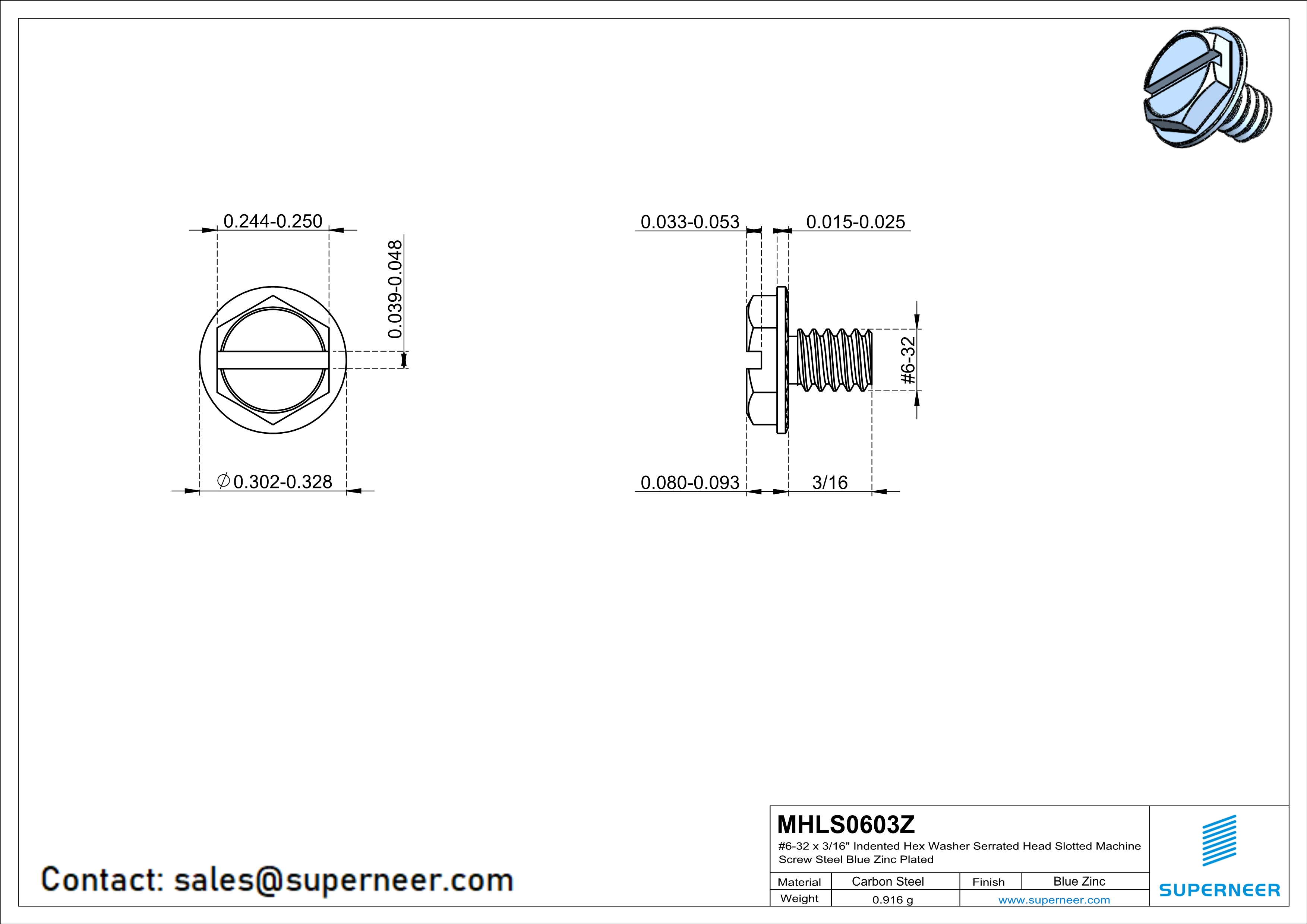 6-32 x 3/16" Indented Hex Washer Serrated Head Slotted Machine Screw Steel Blue Zinc Plated