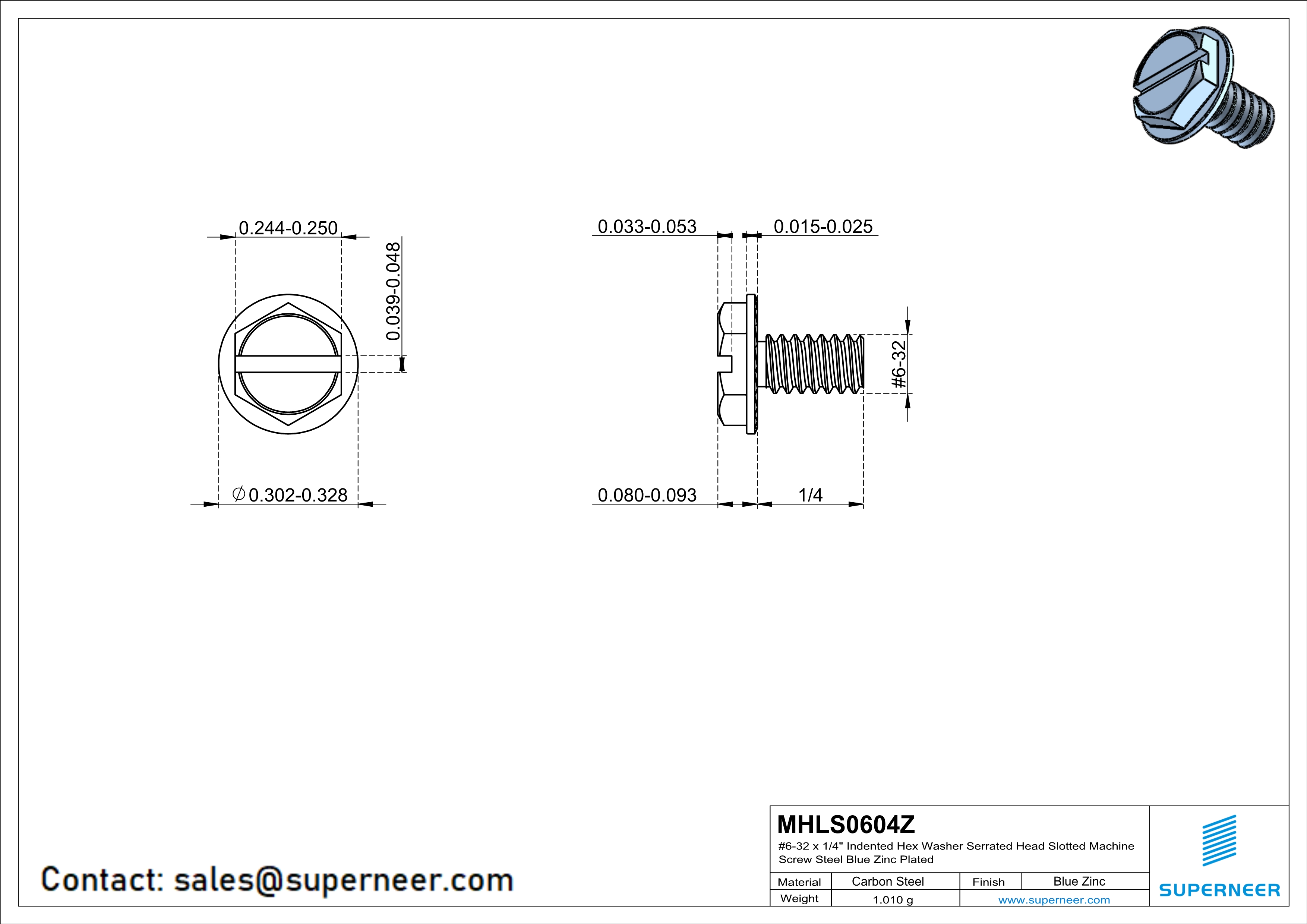 6-32 x 1/4" Indented Hex Washer Serrated Head Slotted Machine Screw Steel Blue Zinc Plated