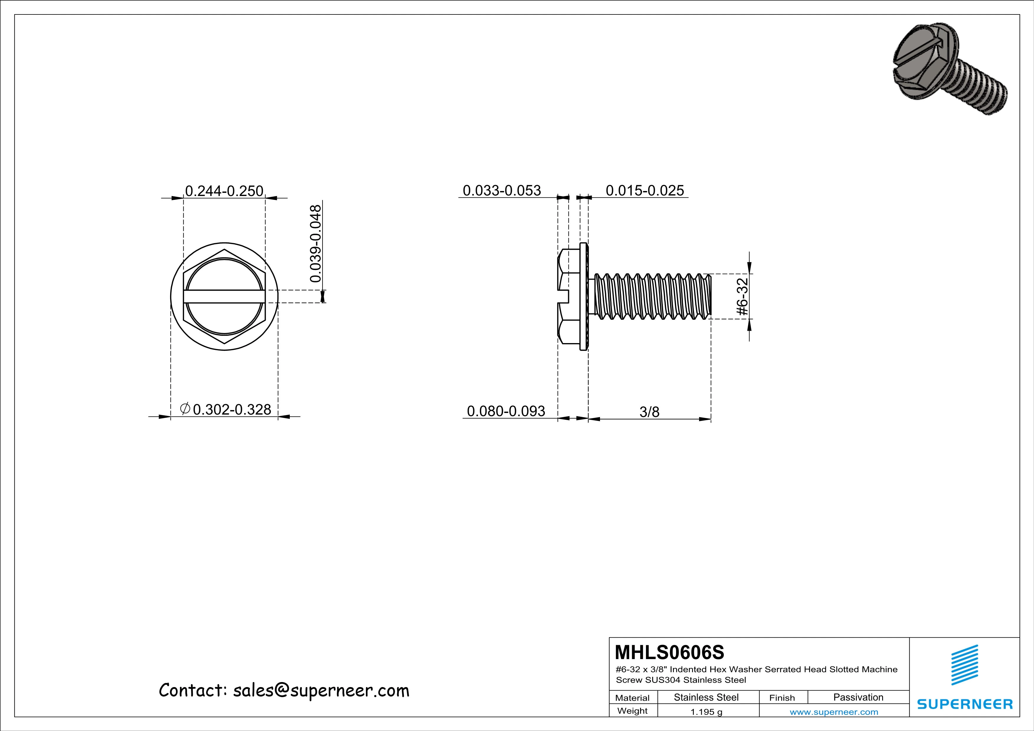 6-32 x 3/8" Indented Hex Washer Serrated Head Slotted Machine Screw SUS304 Stainless Steel Inox