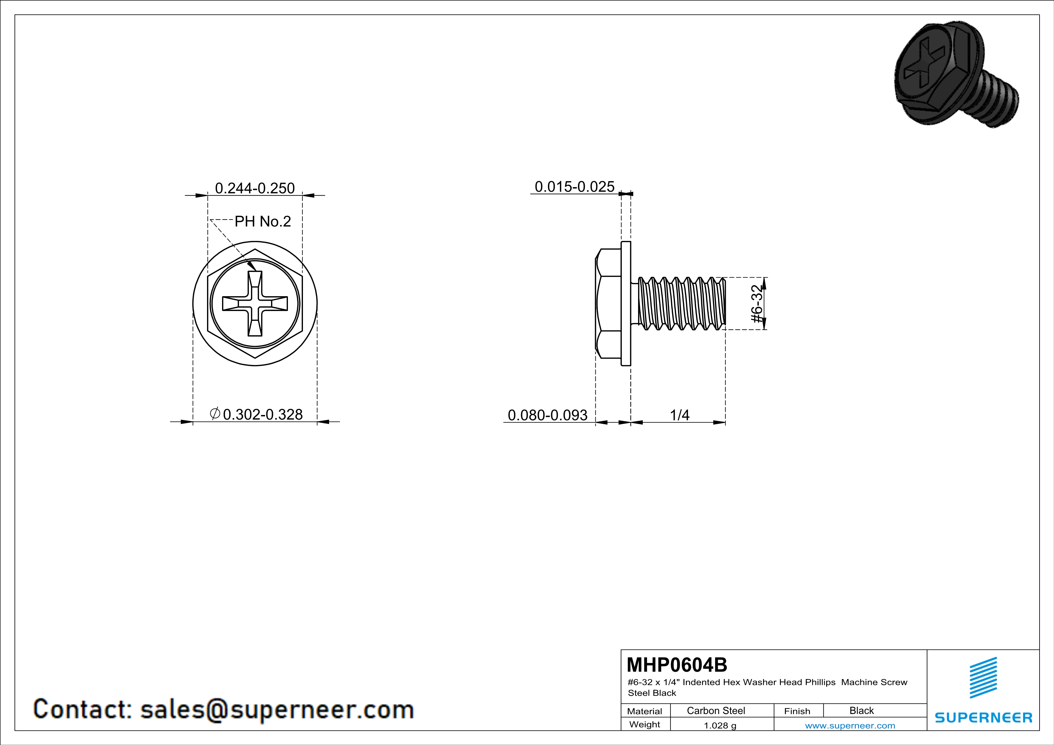 6-32 x 1/4" Indented Hex Washer Head Phillips Machine Screw Steel Black