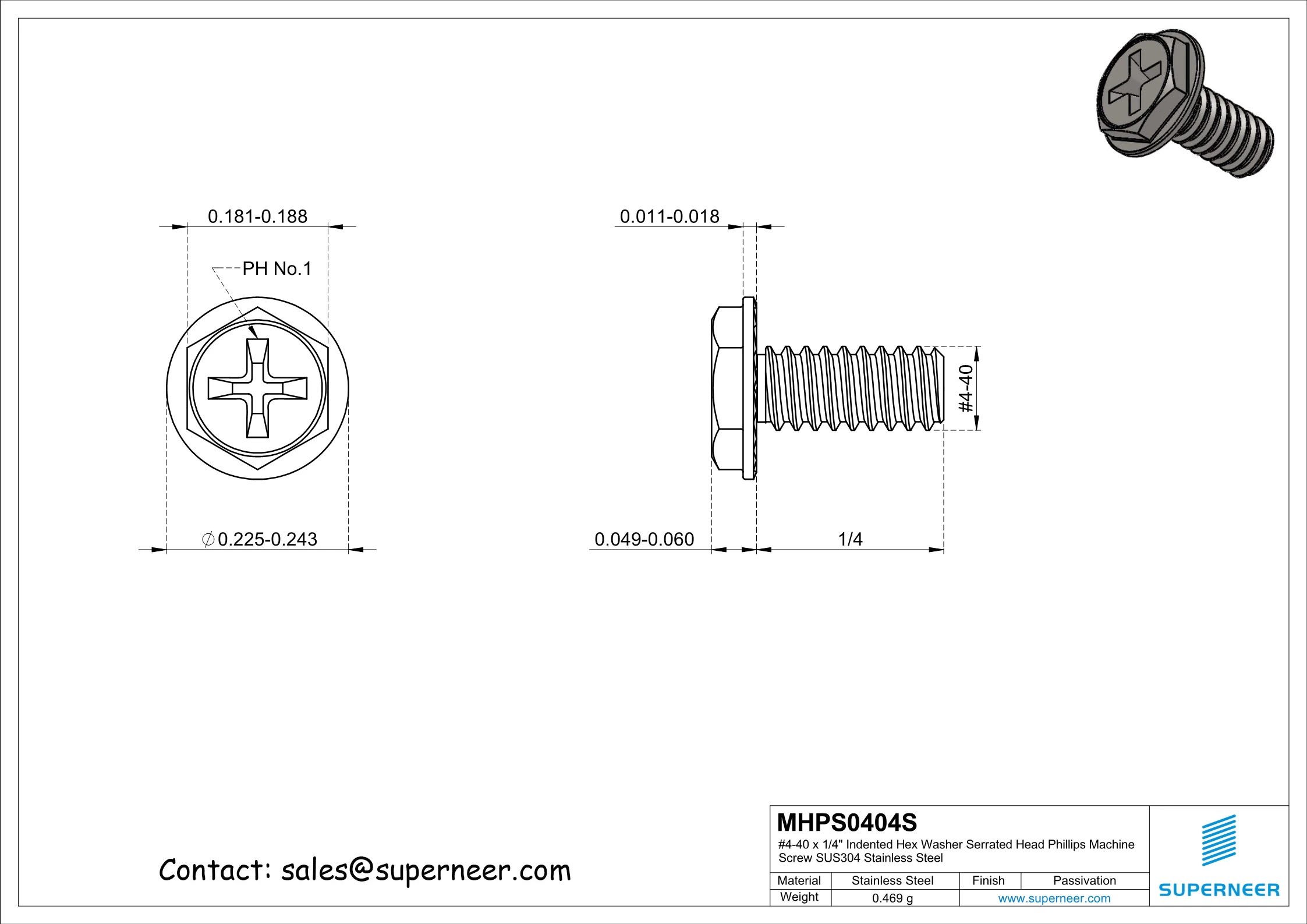 4-40 x 1/4" Indented Hex Washer Serrated Head Phillips Machine Screw SUS304 Stainless Steel Inox