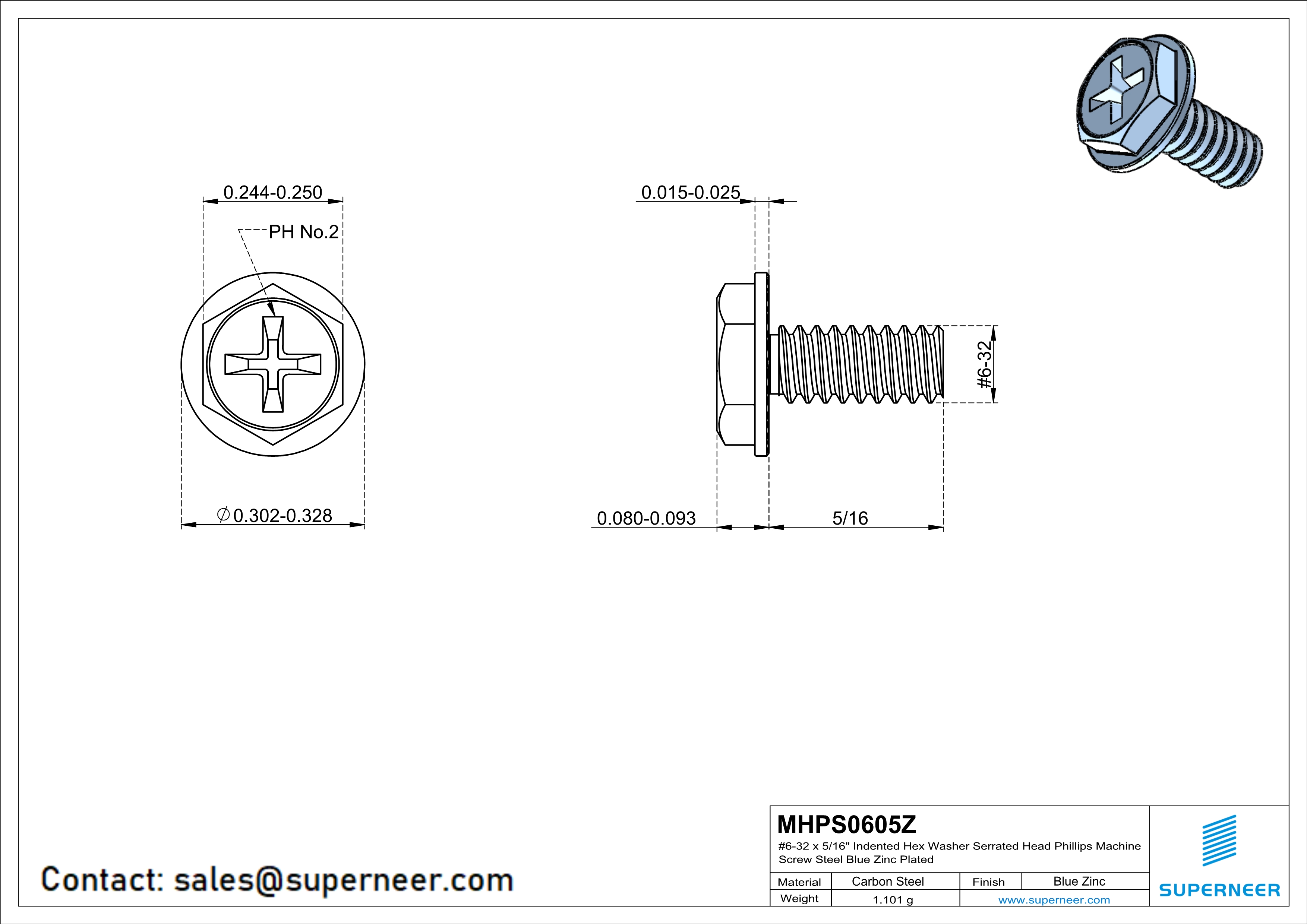 6-32 x 5/16" Indented Hex Washer Serrated Head Phillips Machine Screw Steel Blue Zinc Plated
